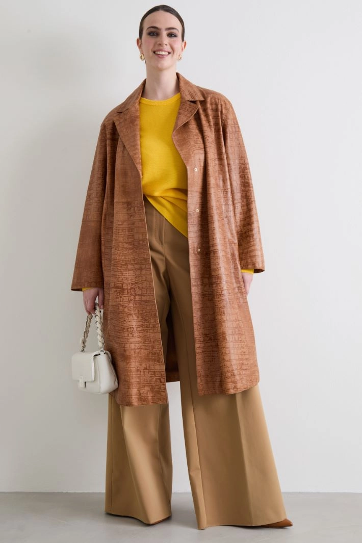 Crocodile-print leather duster coat - BROWN