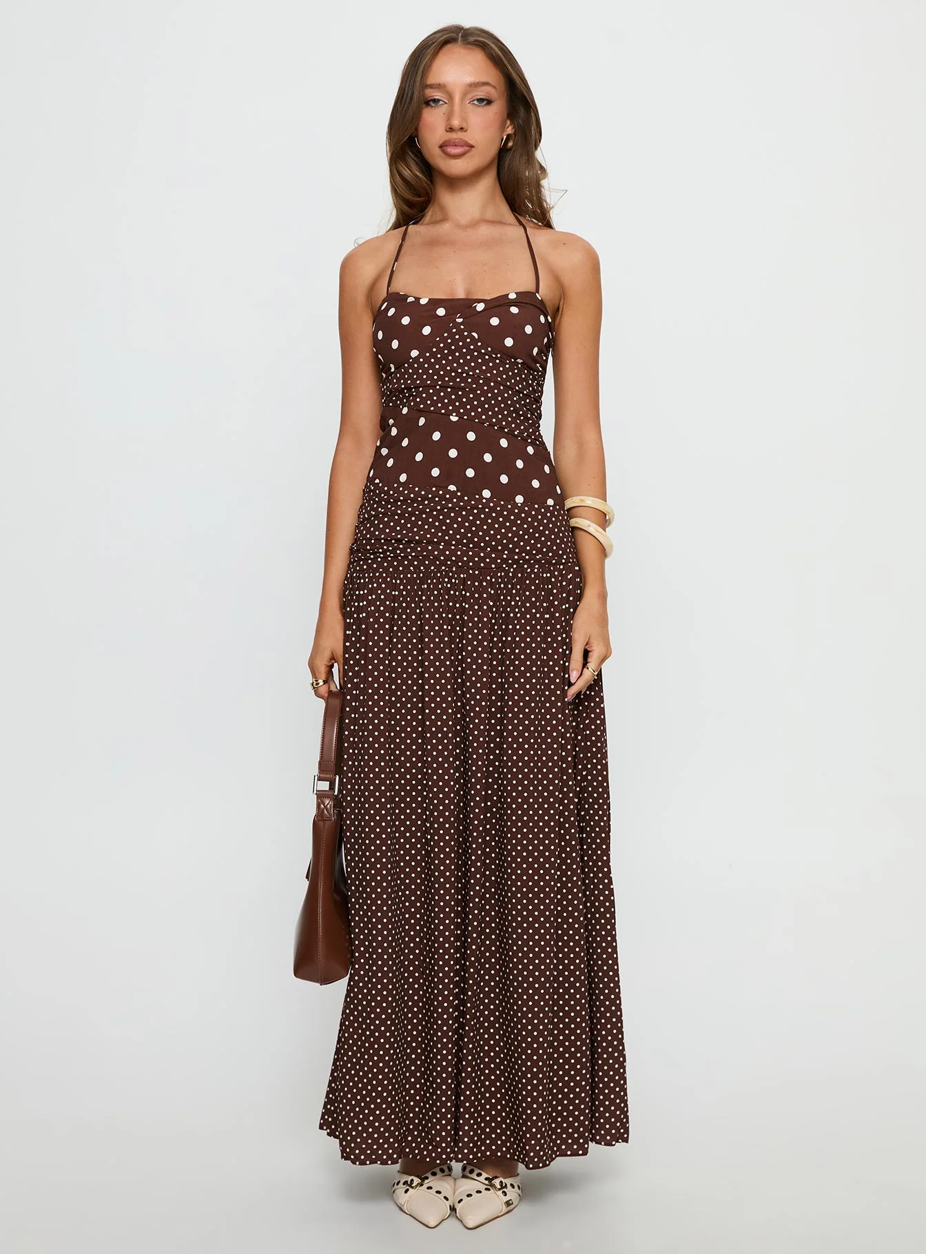 Marguerite Halter Maxi Dress Brown Polka Dot