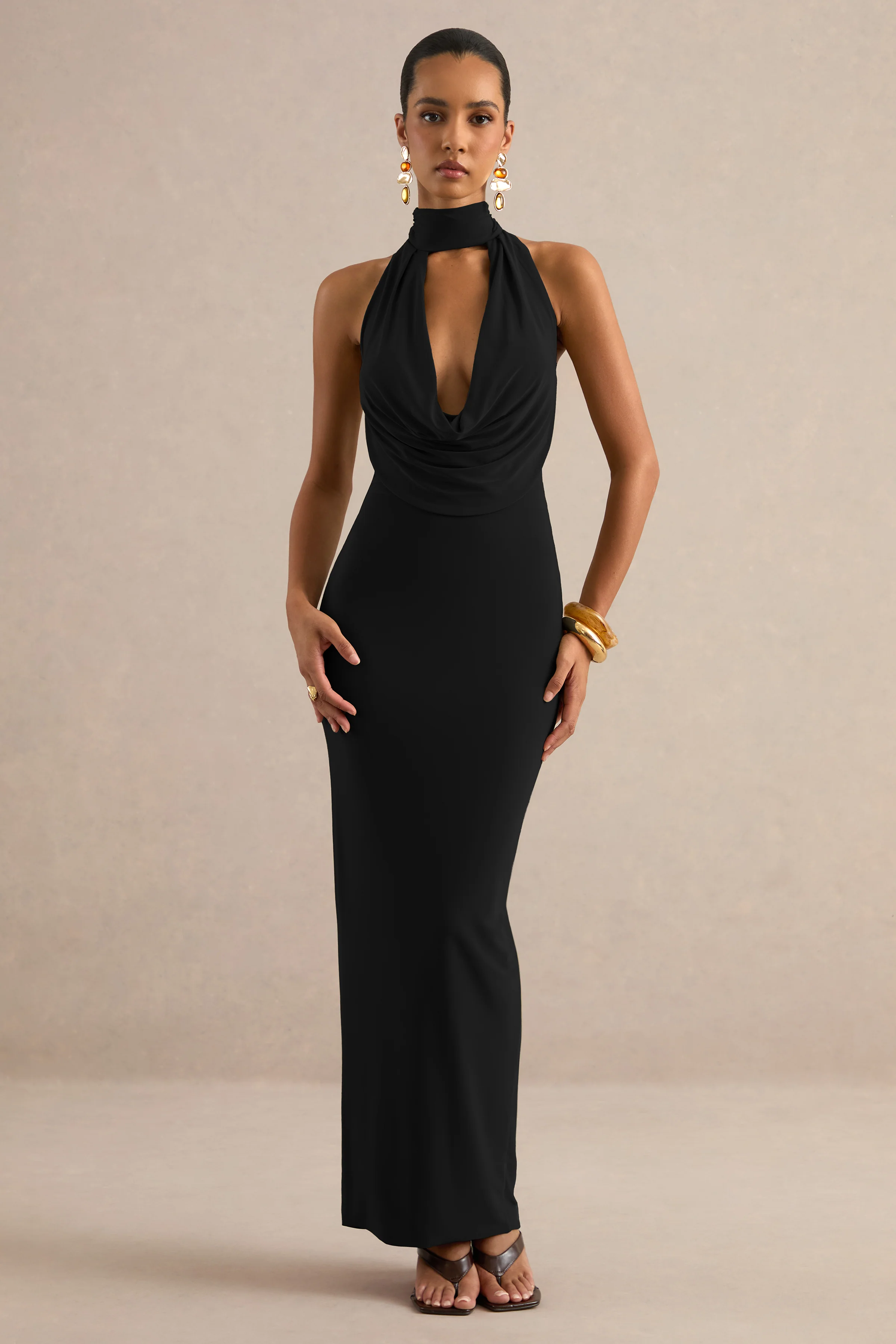 Lucianae | Black Jersey Cowl Maxi Dress With Open Back And Back Split