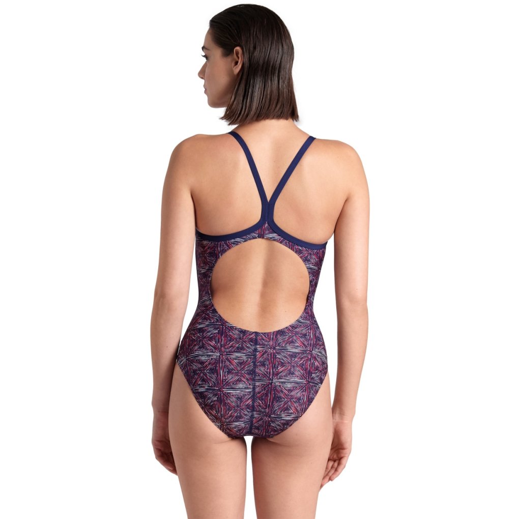 arena Performance Abstract Tiles Light Drop Back Swimsuit Women - Navy/Team Red White Blue