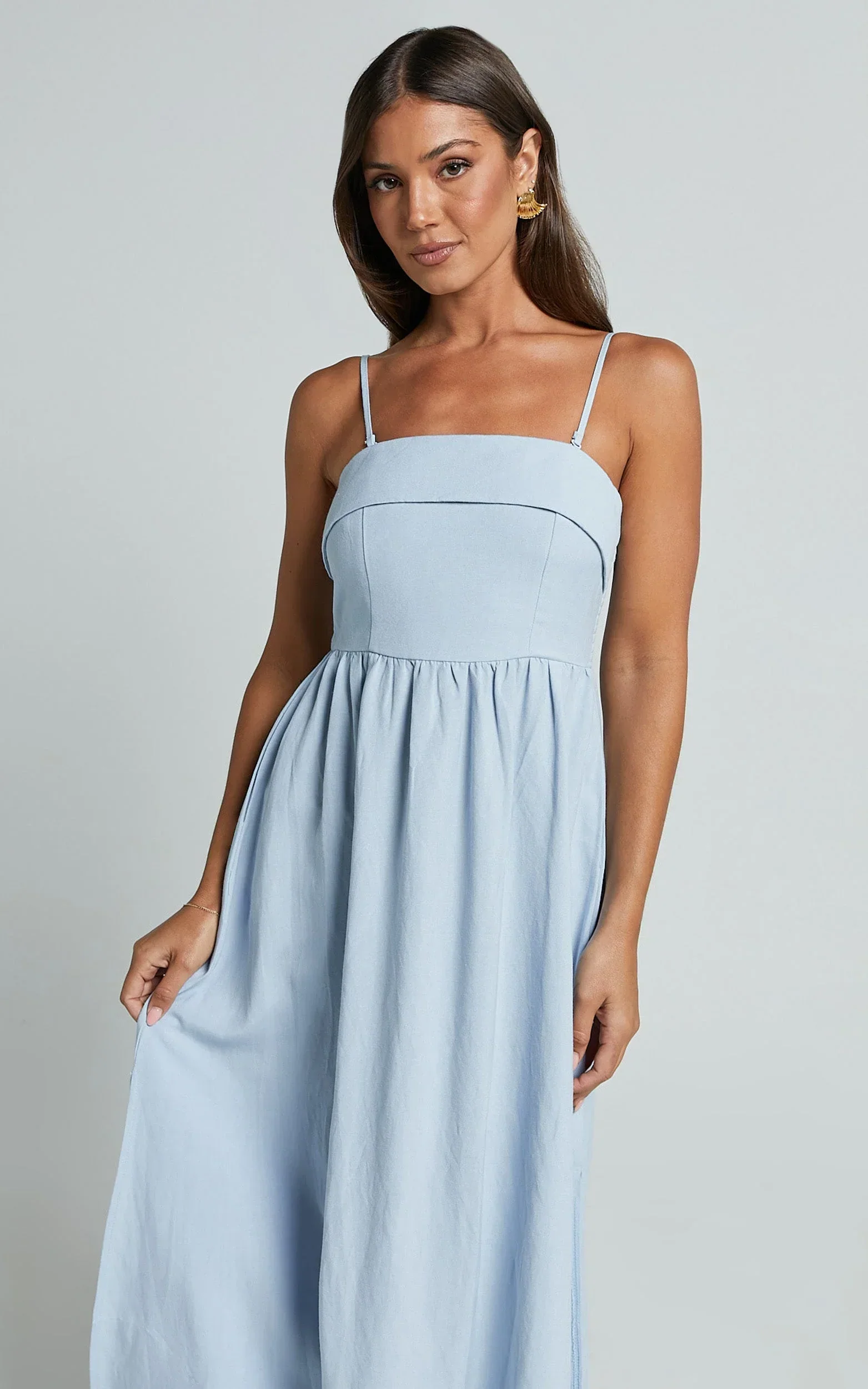 Carlyn Midi Dress - Linen Detachable Straps in Blue