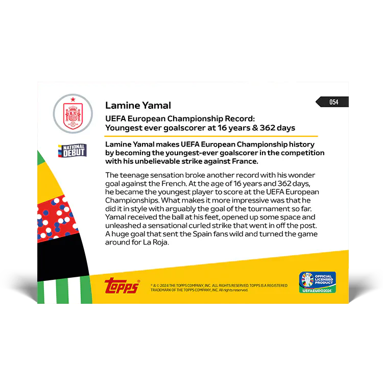 Lamine Yamal - UEFA European Championship Record: Youngest-ever goalscorer at 16 years and 362 days old - EURO 2024 TOPPS NOW® Card 54