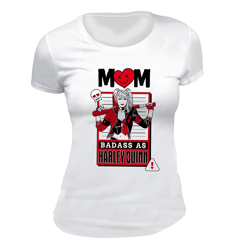 DC COMICS Woman whiteT-shirt MOM BADASS AS HARLEY QUINN