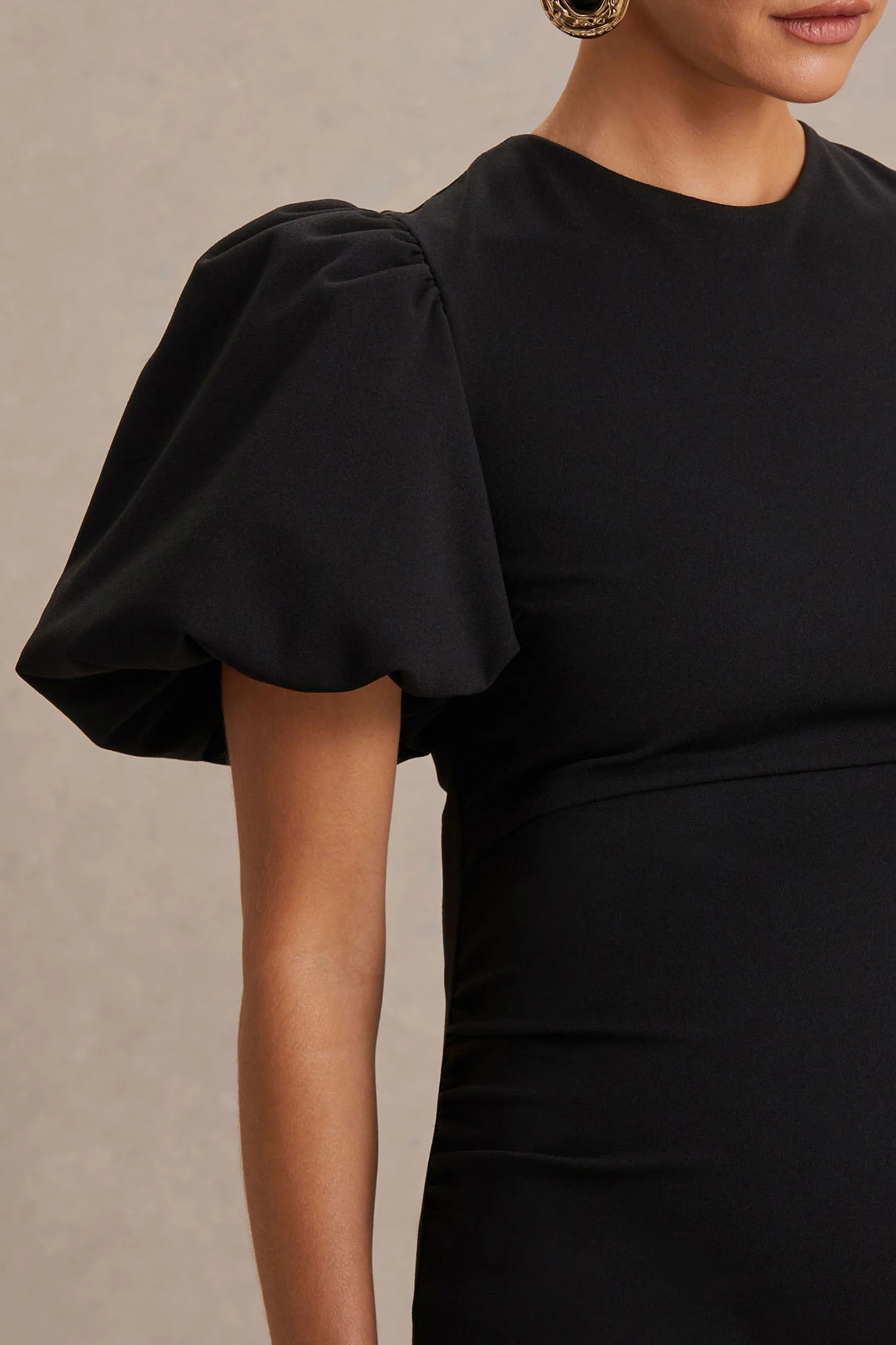 Luna | Black Crew-Neck Maternity Midi Dress With Puff-Sleeves