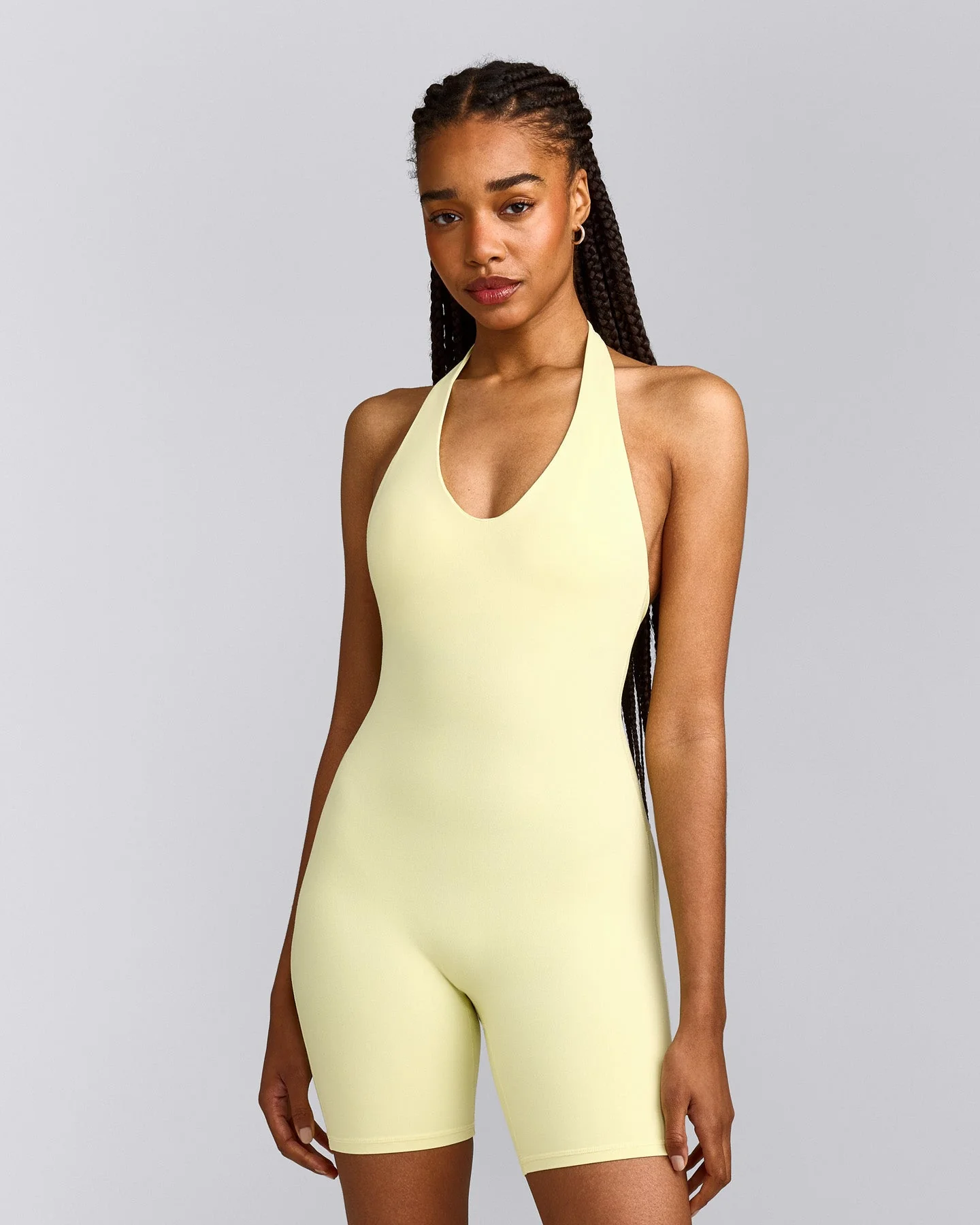 SoftMotion™ Halter Neck All In One Short with Grey Logo | Pastel Yellow
