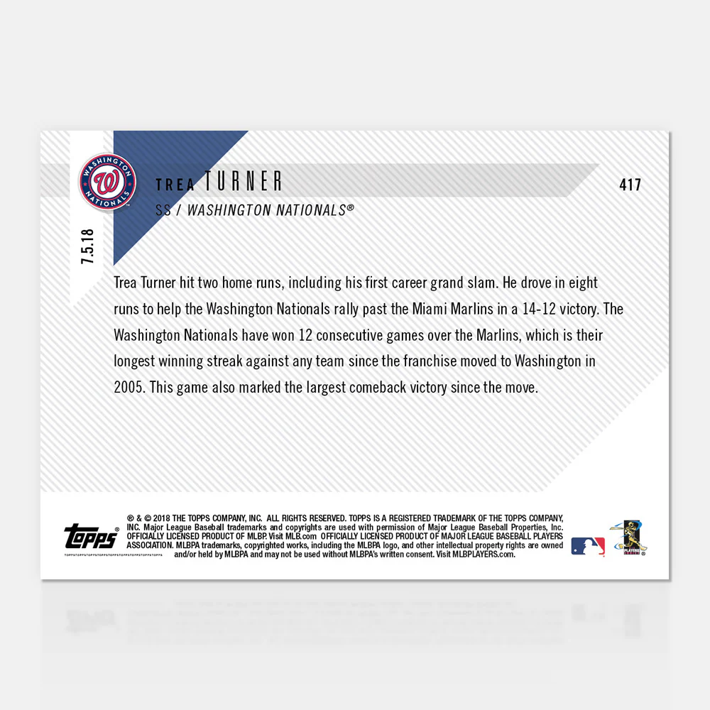 Trea Turner - 07/05/2018 TOPPS NOW® Card 417 - Print Run: 362