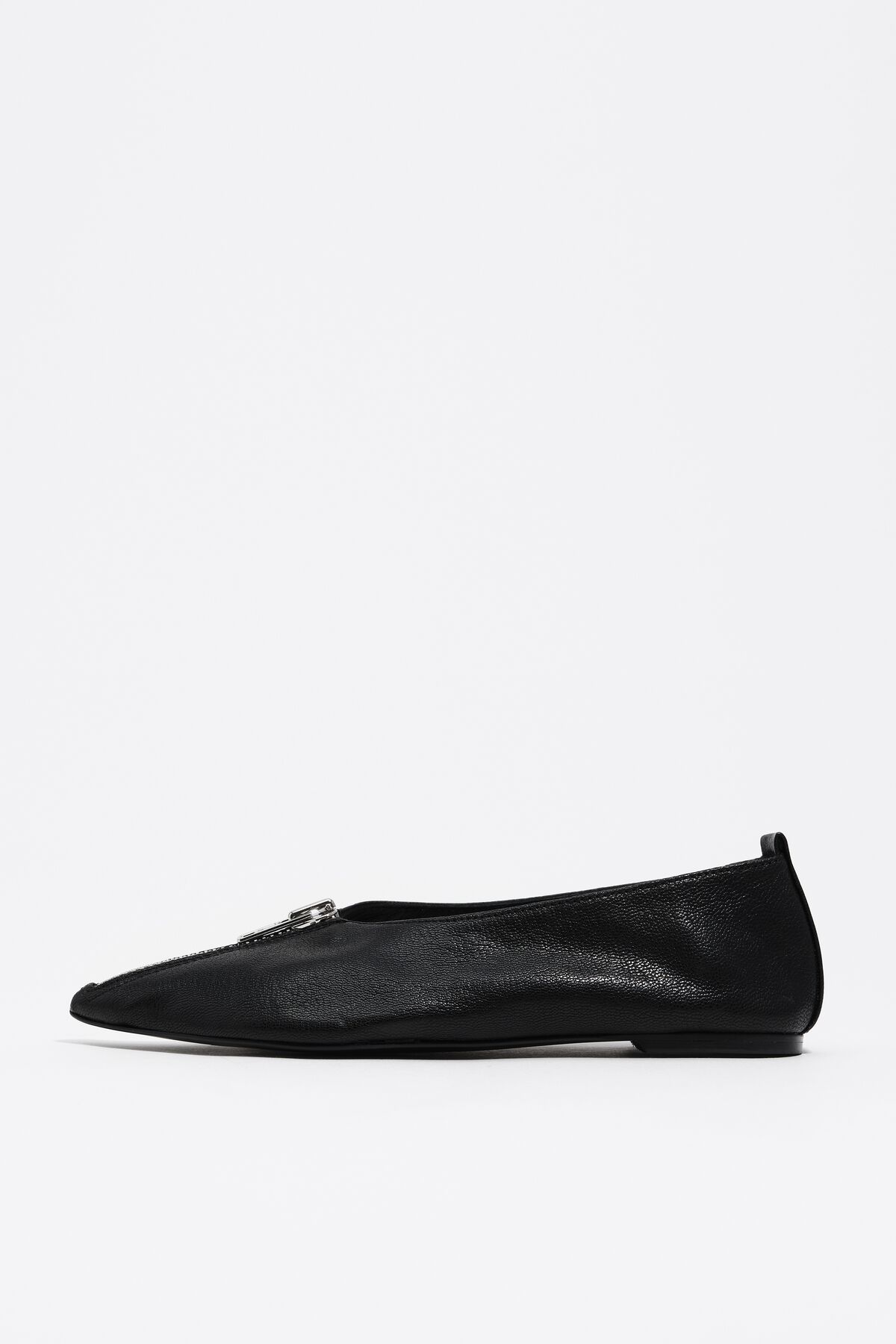 Black goat leather zip toe ballerina