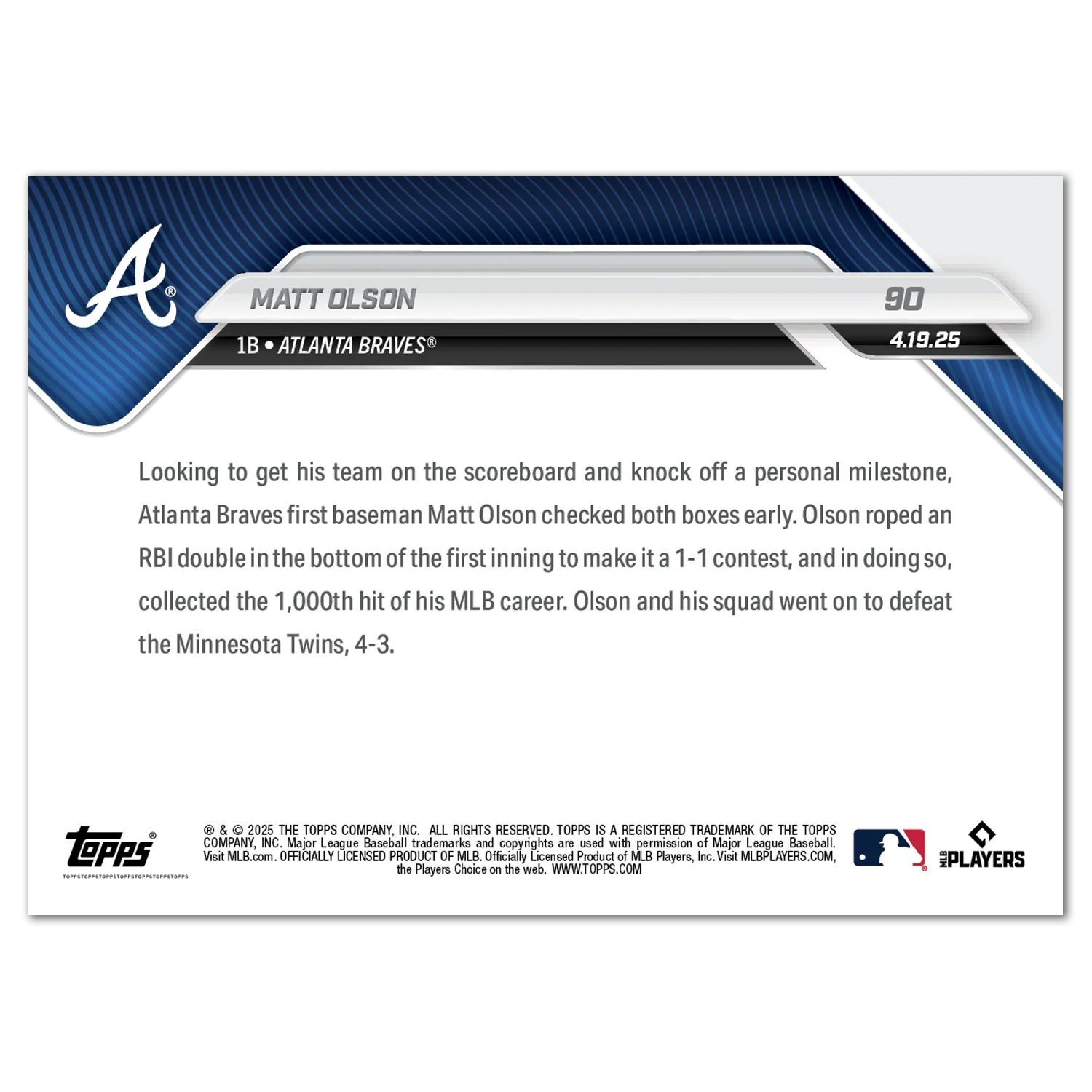 Matt Olson - 2025 MLB Topps NOW® - Card 90