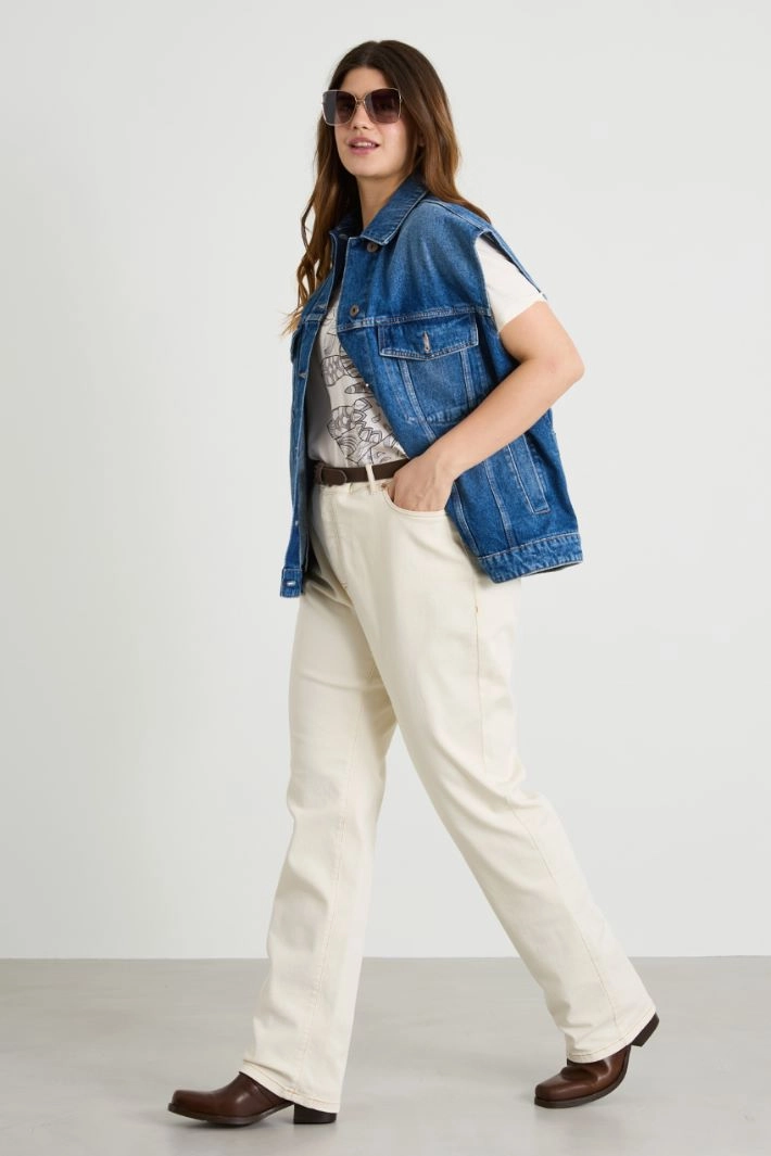 Satin and jersey T-shirt - CREAM BLACK