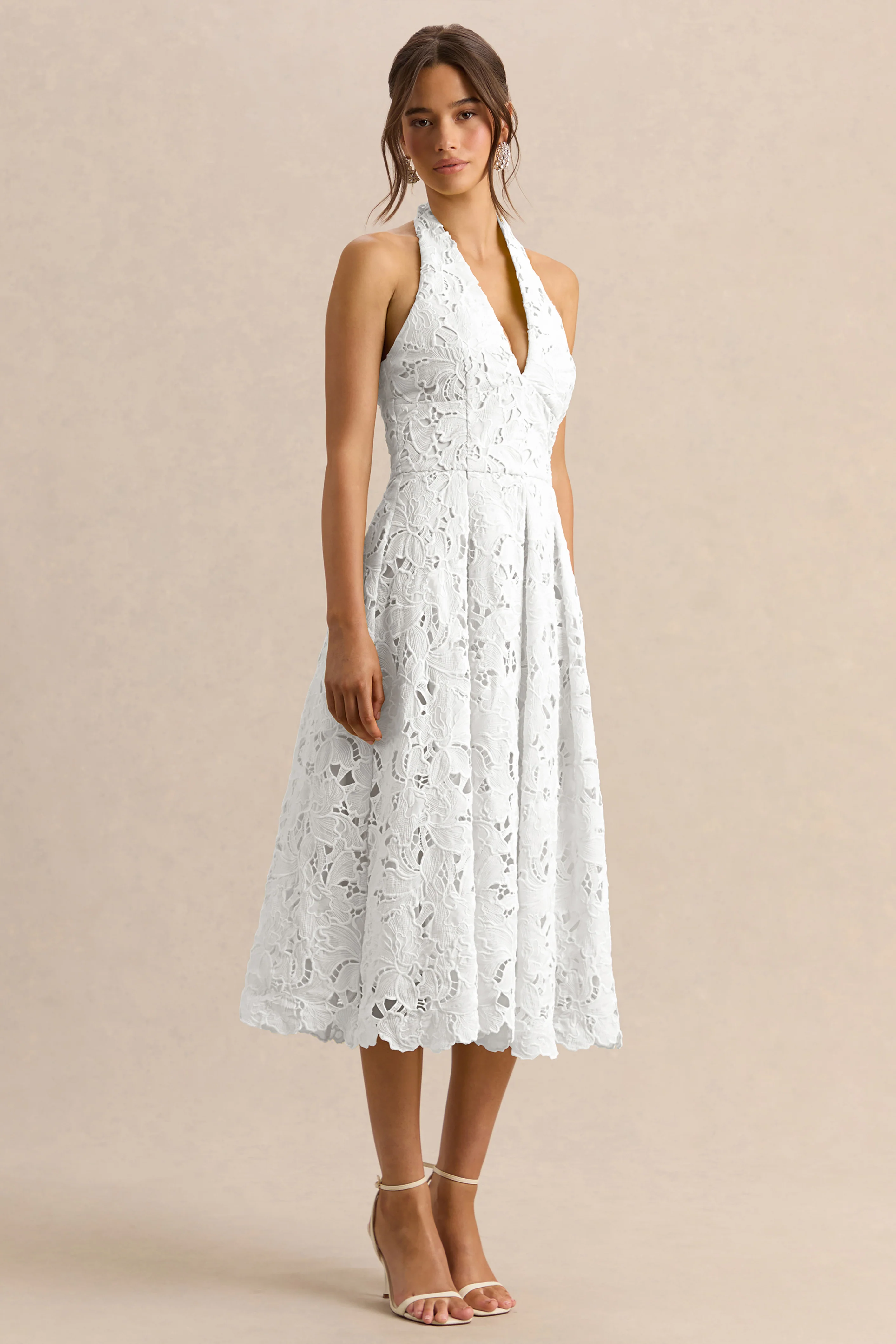 Maribel | White Lace Plunge-Neck Midi Dress