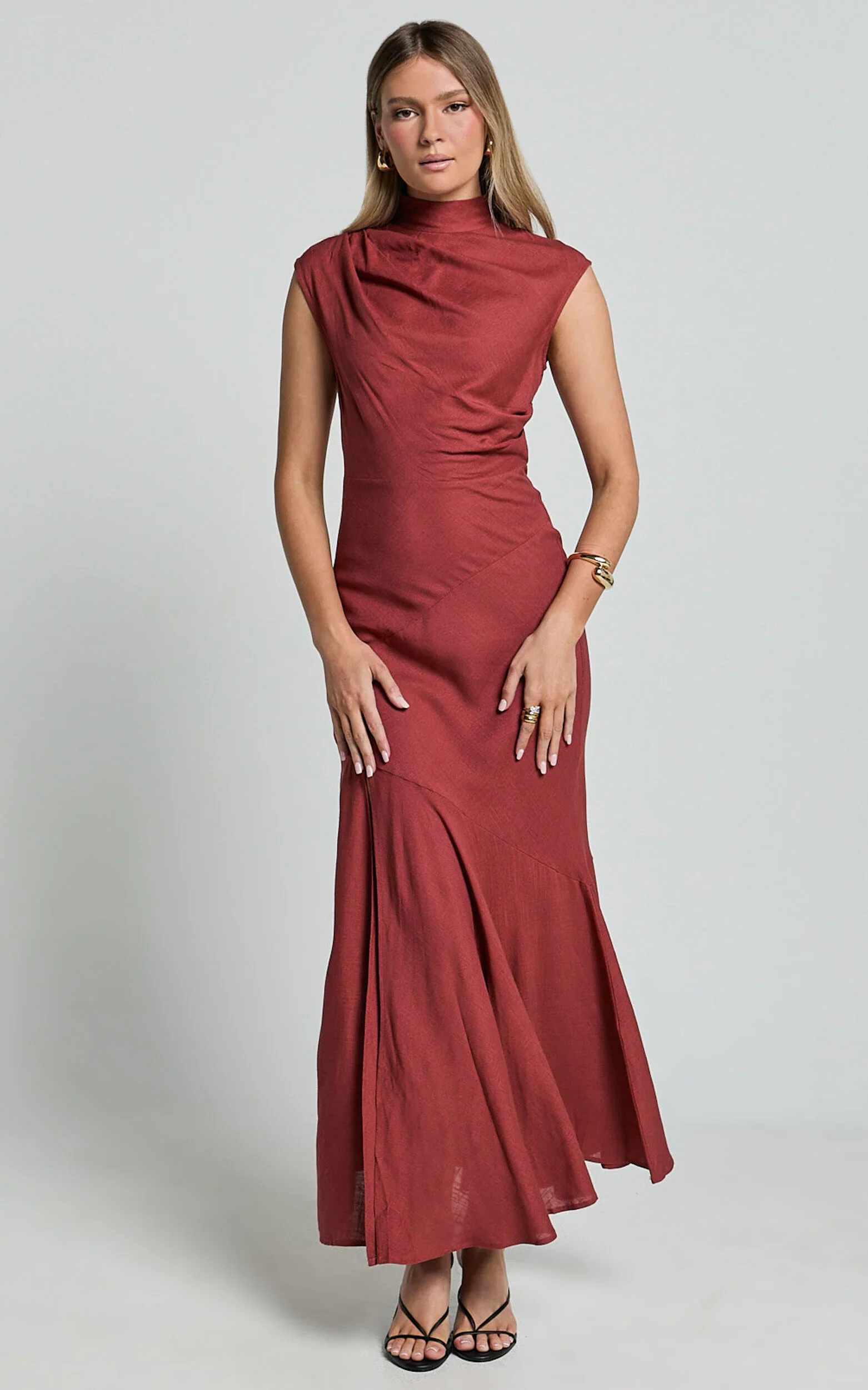 Arielle Maxi Linen Dress - High Neck Thigh Split Slip Dress in Rust