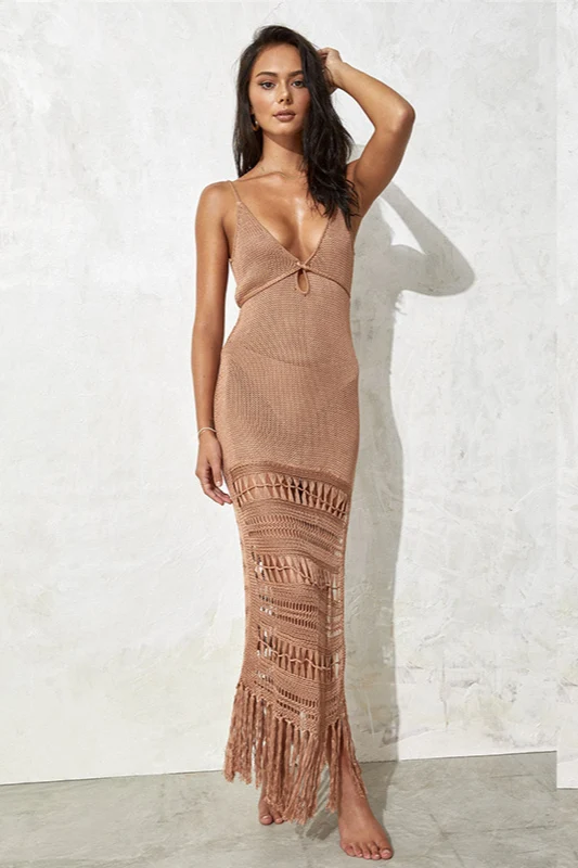 Knit Hollow Tie Fringe Cover Up