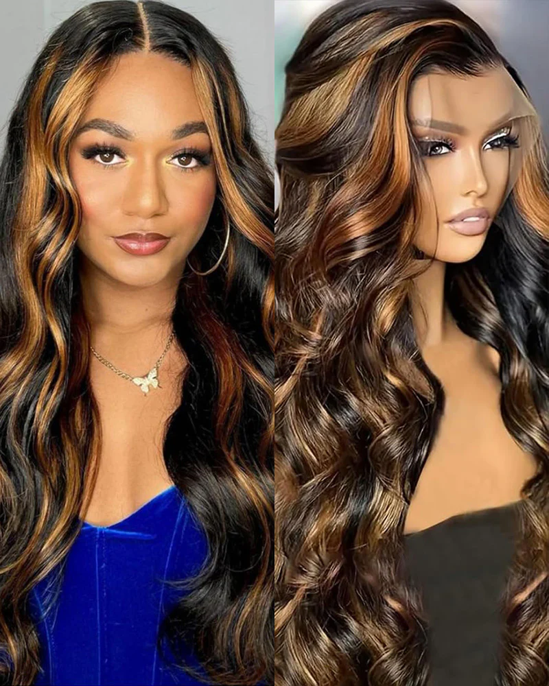 Ophirawig 360 Full Lace Glueless Auburn Highlights on Black Hair Body Wave Wig Invisi Drawstring Pull & Go
