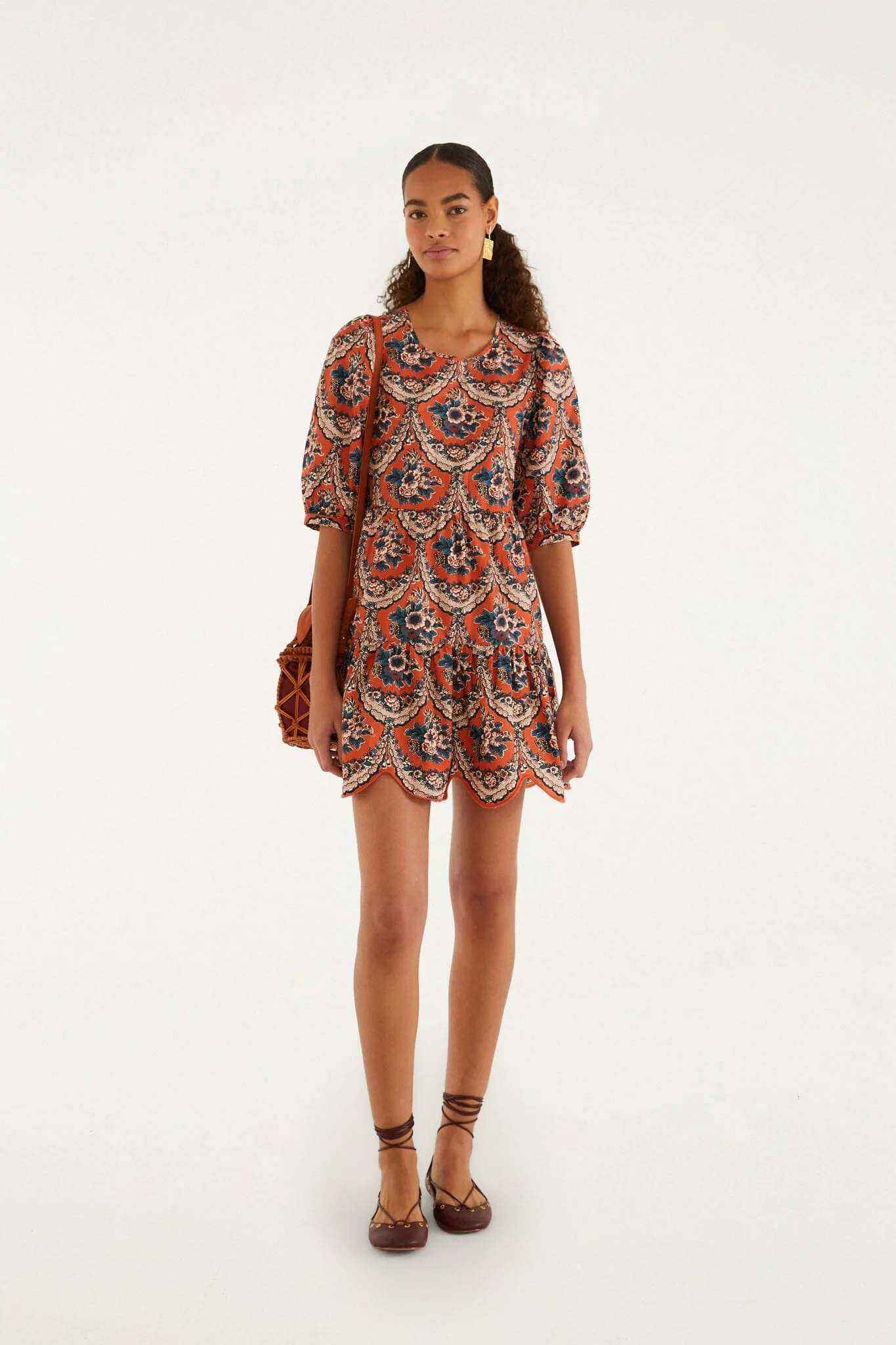 Terracotta Victorian Floral Puff Sleeve Mini Dress