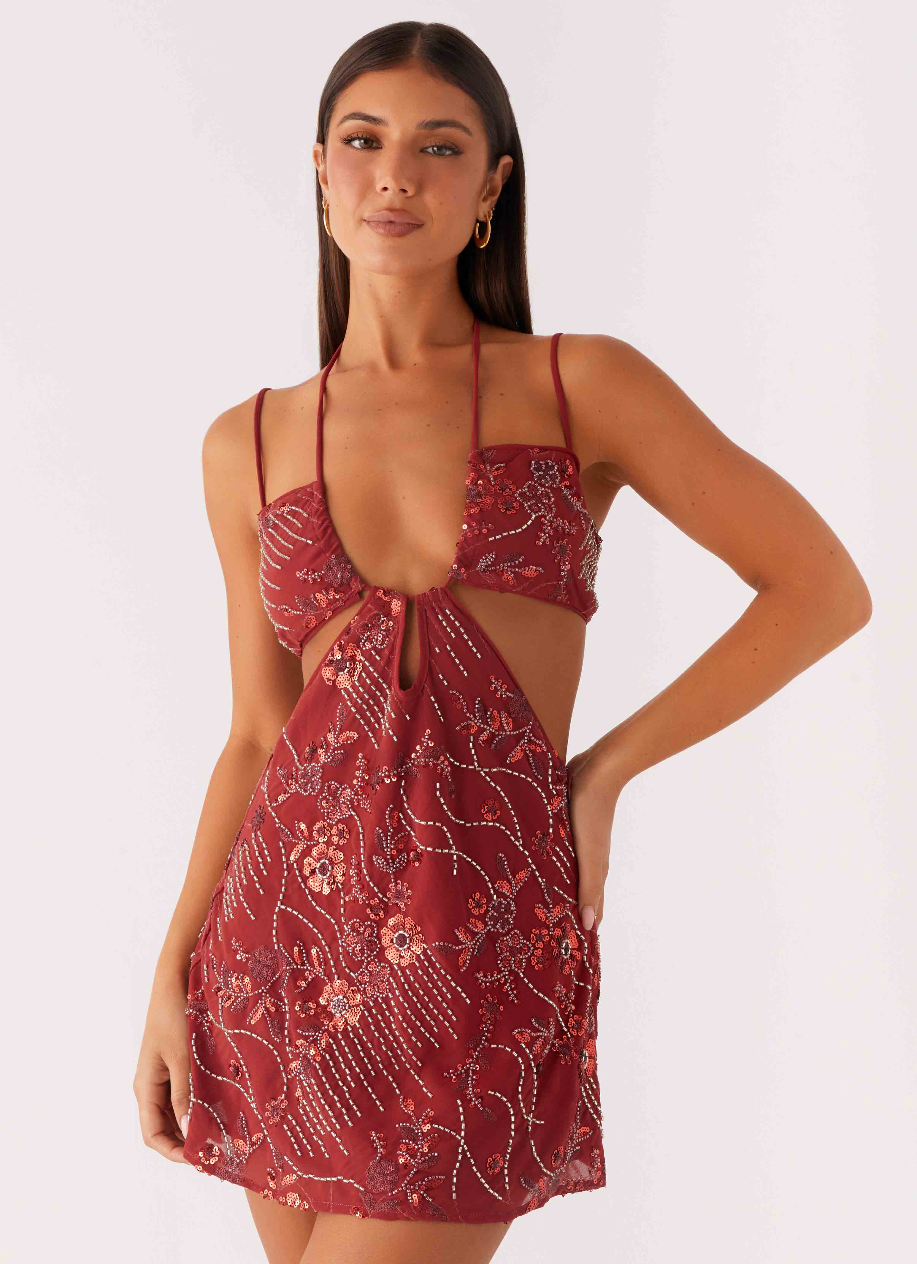 Sahara Nights Beaded Mini Dress - Rust