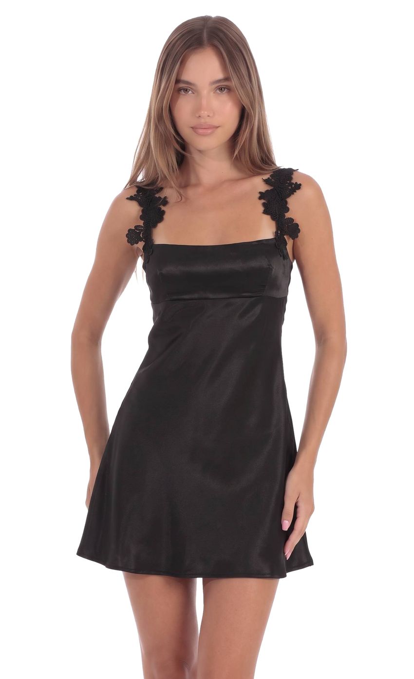 Floral Appliqué Mini Dress in Black