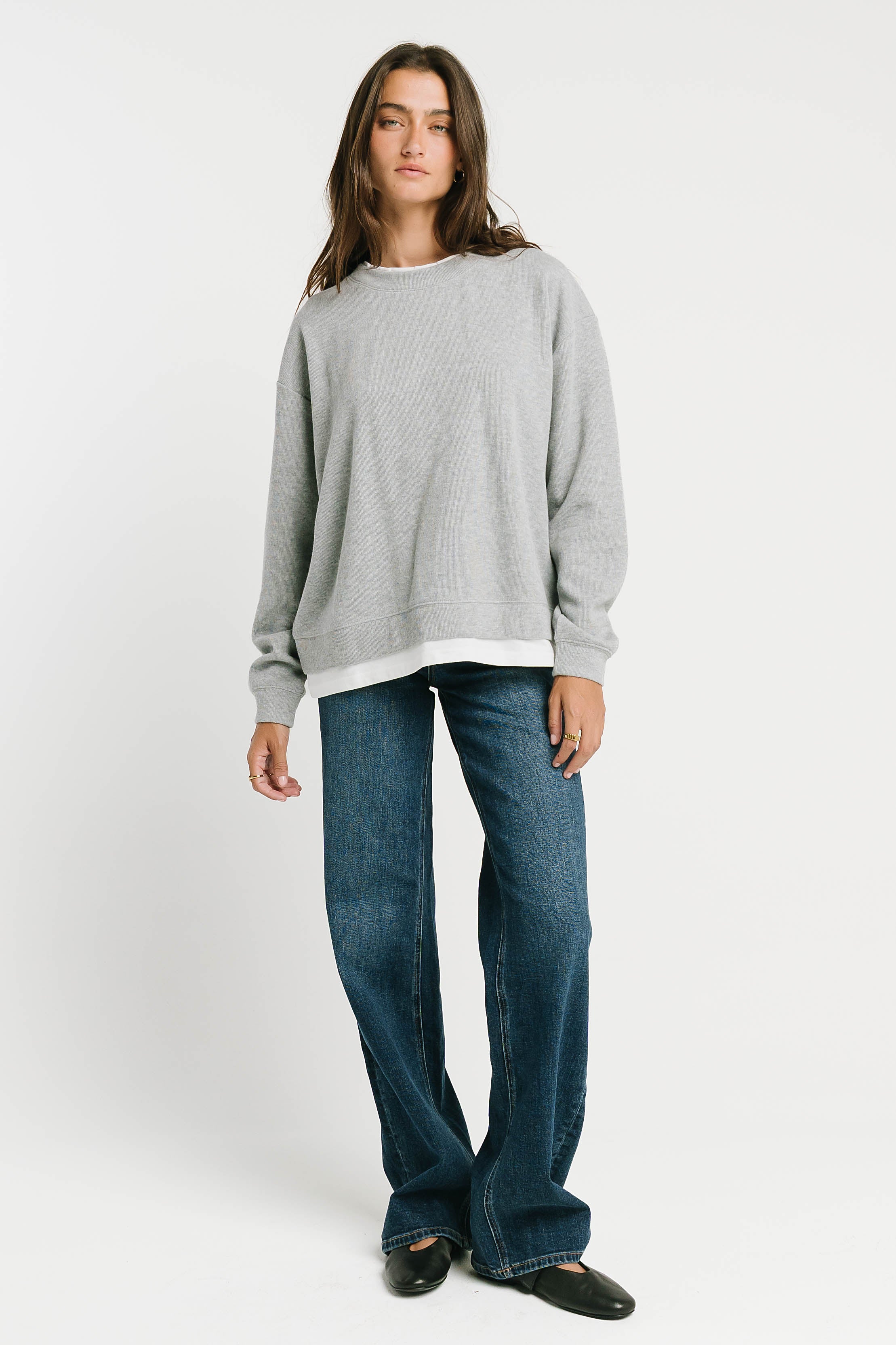Ava Double Layer Crewneck in Heather Grey
