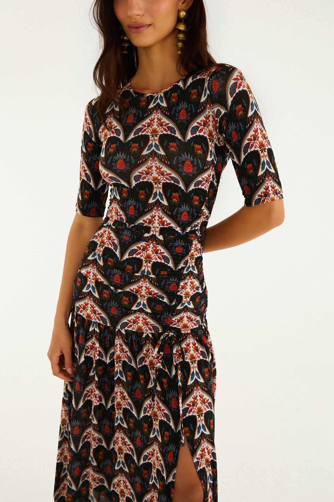 Black Porcelain Birds Long Sleeve Slim Maxi Dress
