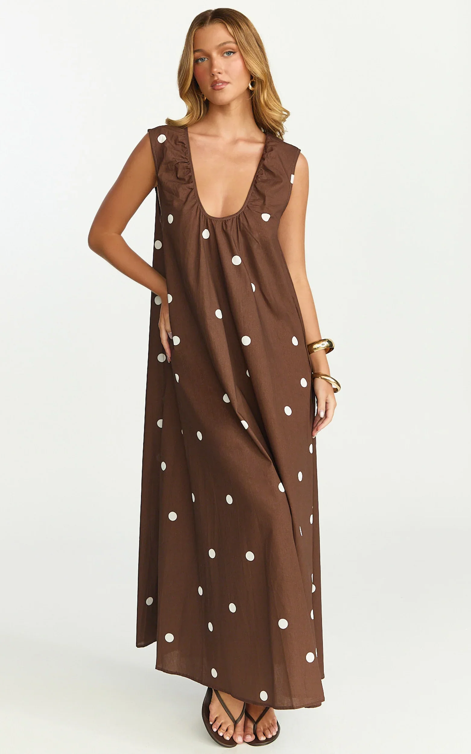 Simone Maxi Dress - U Halter Neck Linen Polkadot Dress in Chocolate