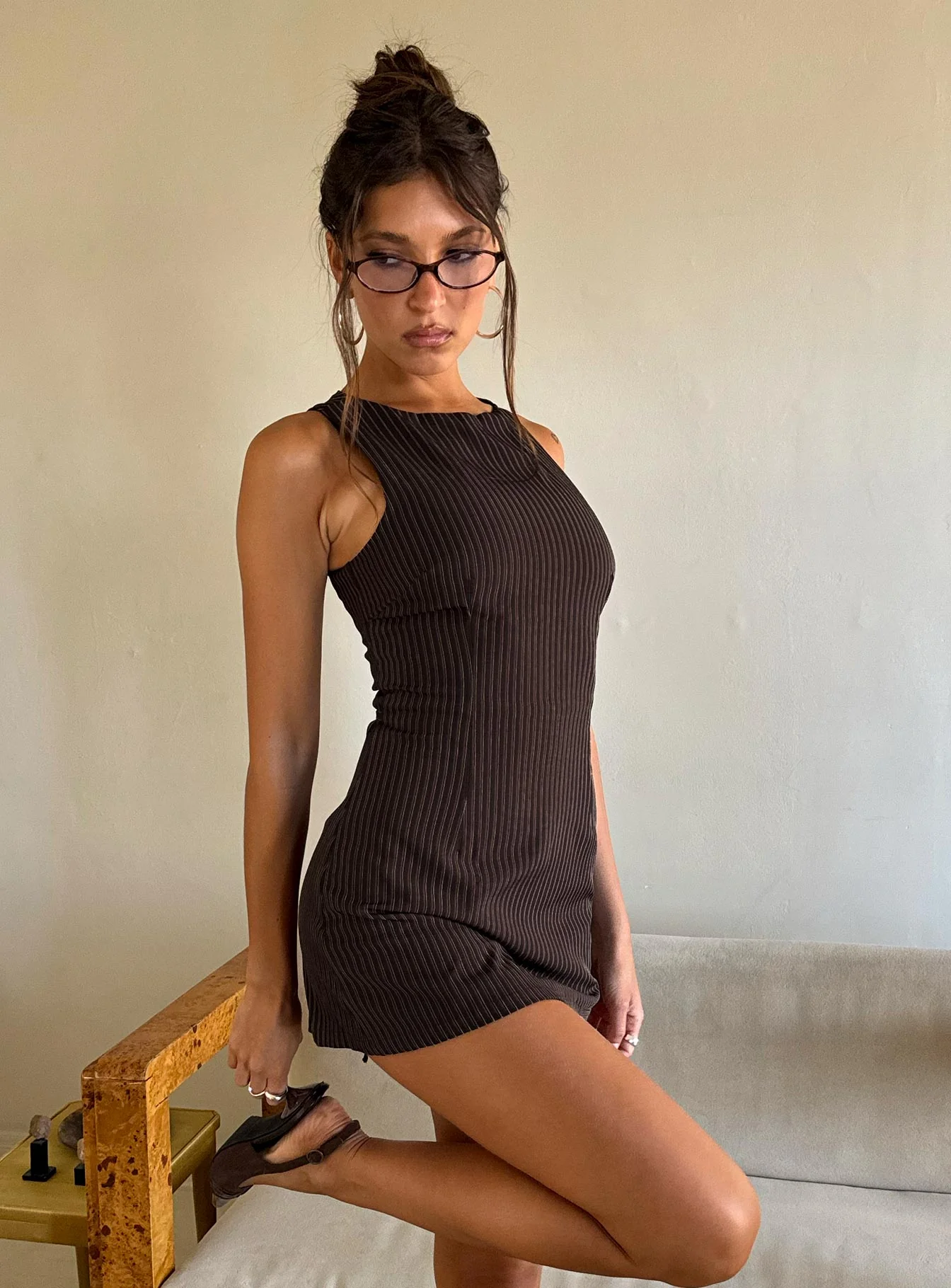 Yumiko Romper Brown Pinstripe