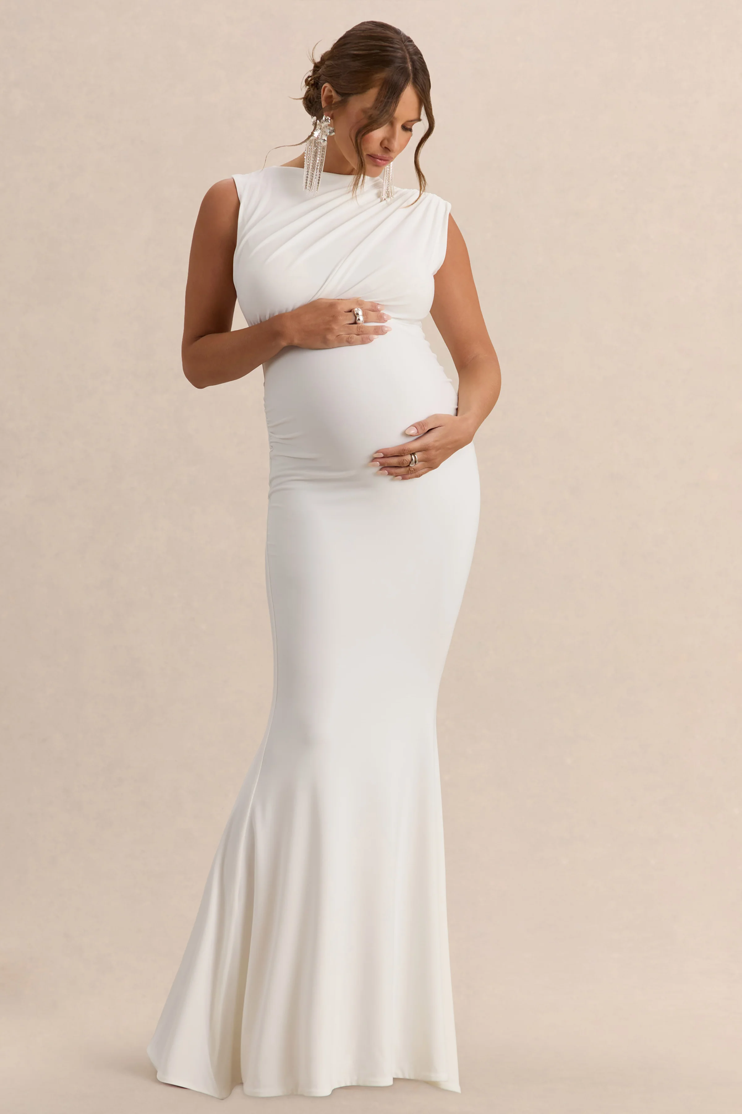 Osanna | White Wide-Neck Maternity Maxi Dress With Ruched Detailing