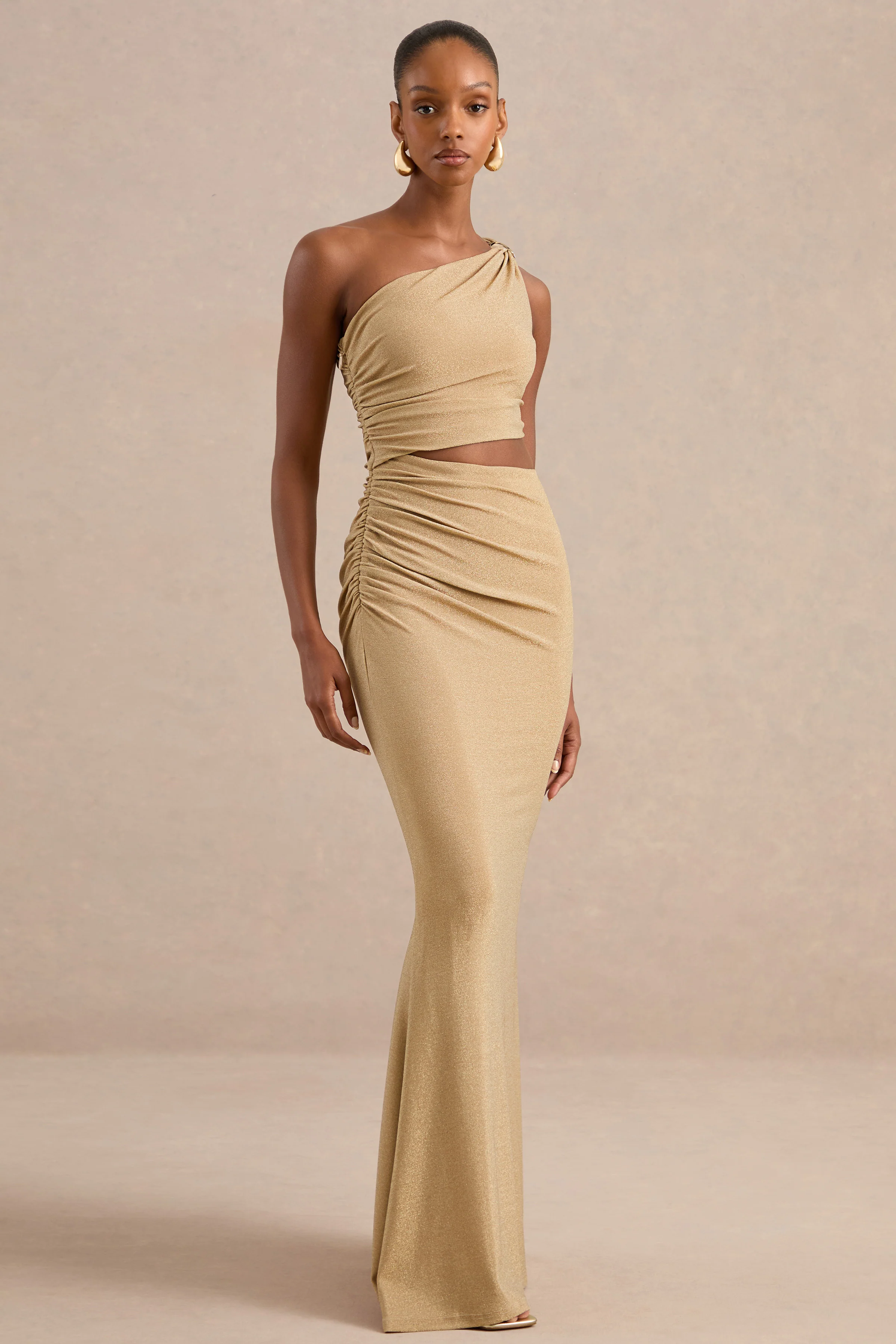 Andela | Gold Glitter Mesh One Shoulder Maxi Dress With Body Cut Out And Gold Trim