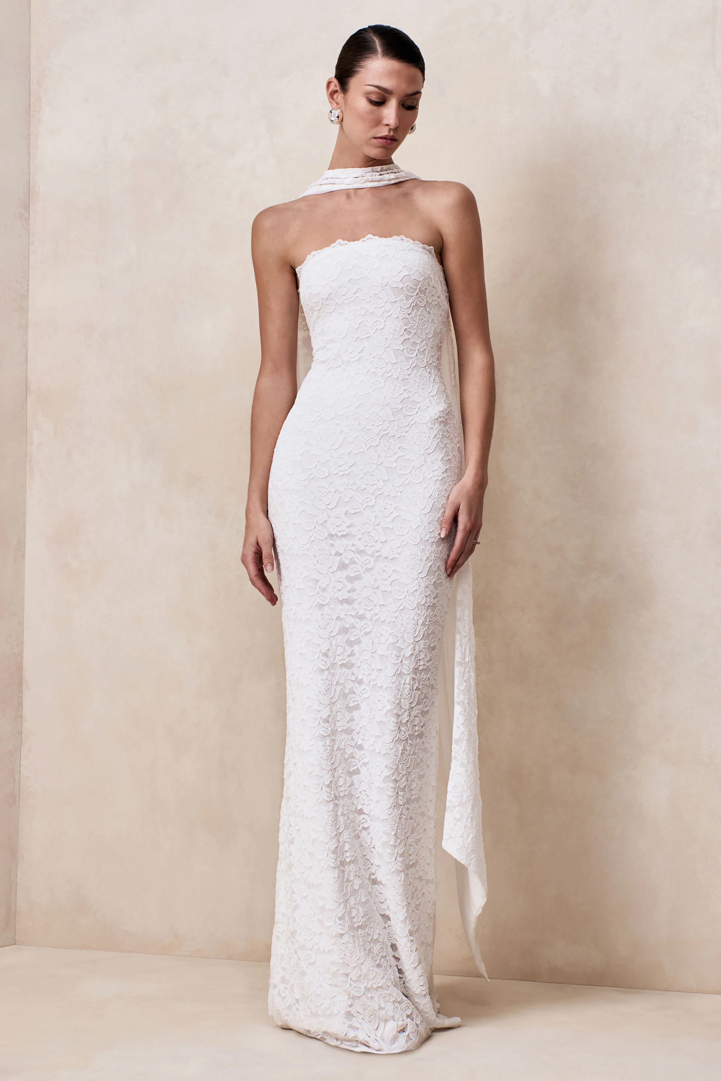 Massima | White Lace Bandeau Maxi Dress With Scarf-Detail