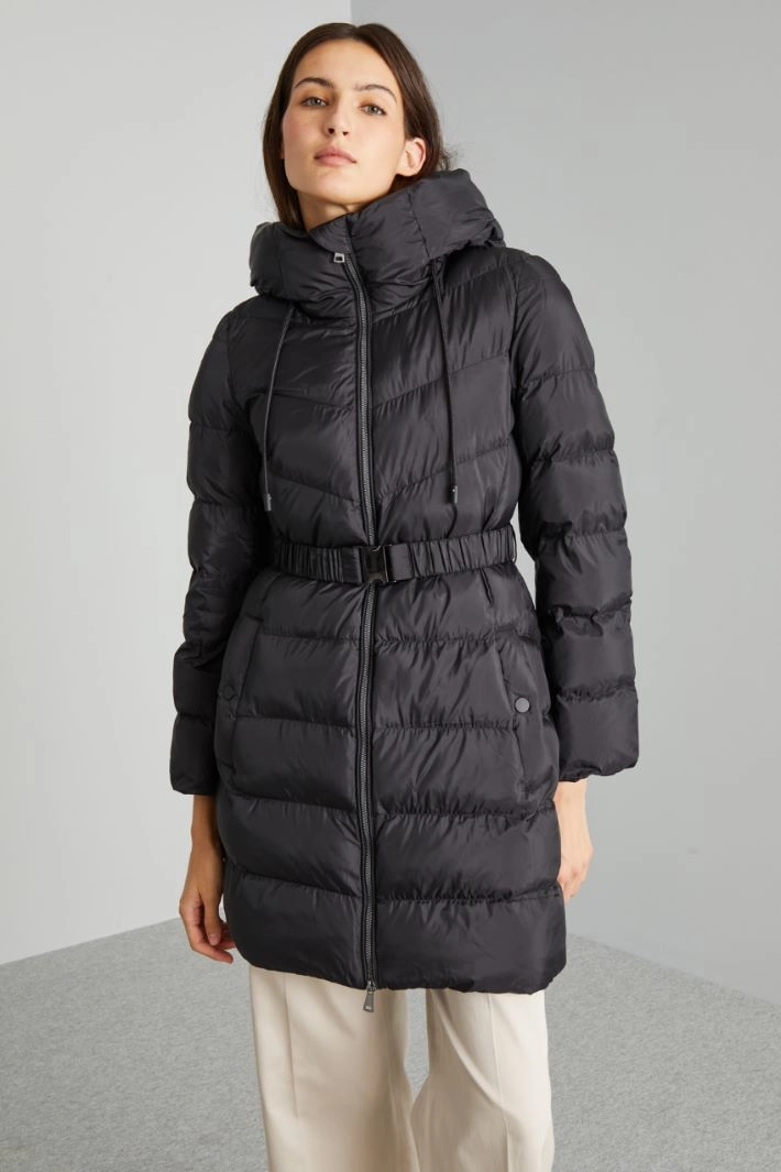 Long tech satin padded coat - BLACK