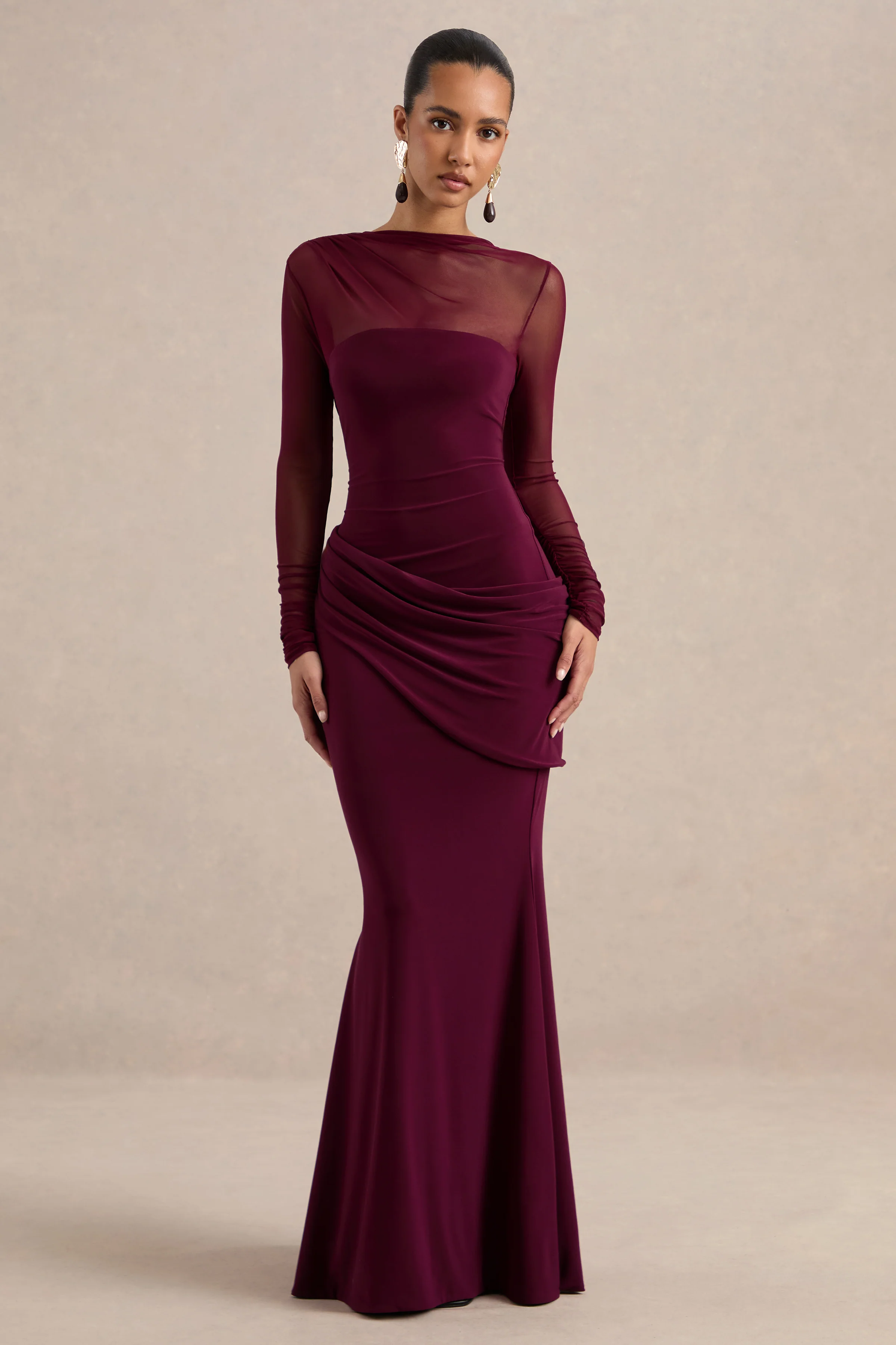 Deema | Burgundy Jersey High Neck Long Sleeve Maxi Dress With Ruching