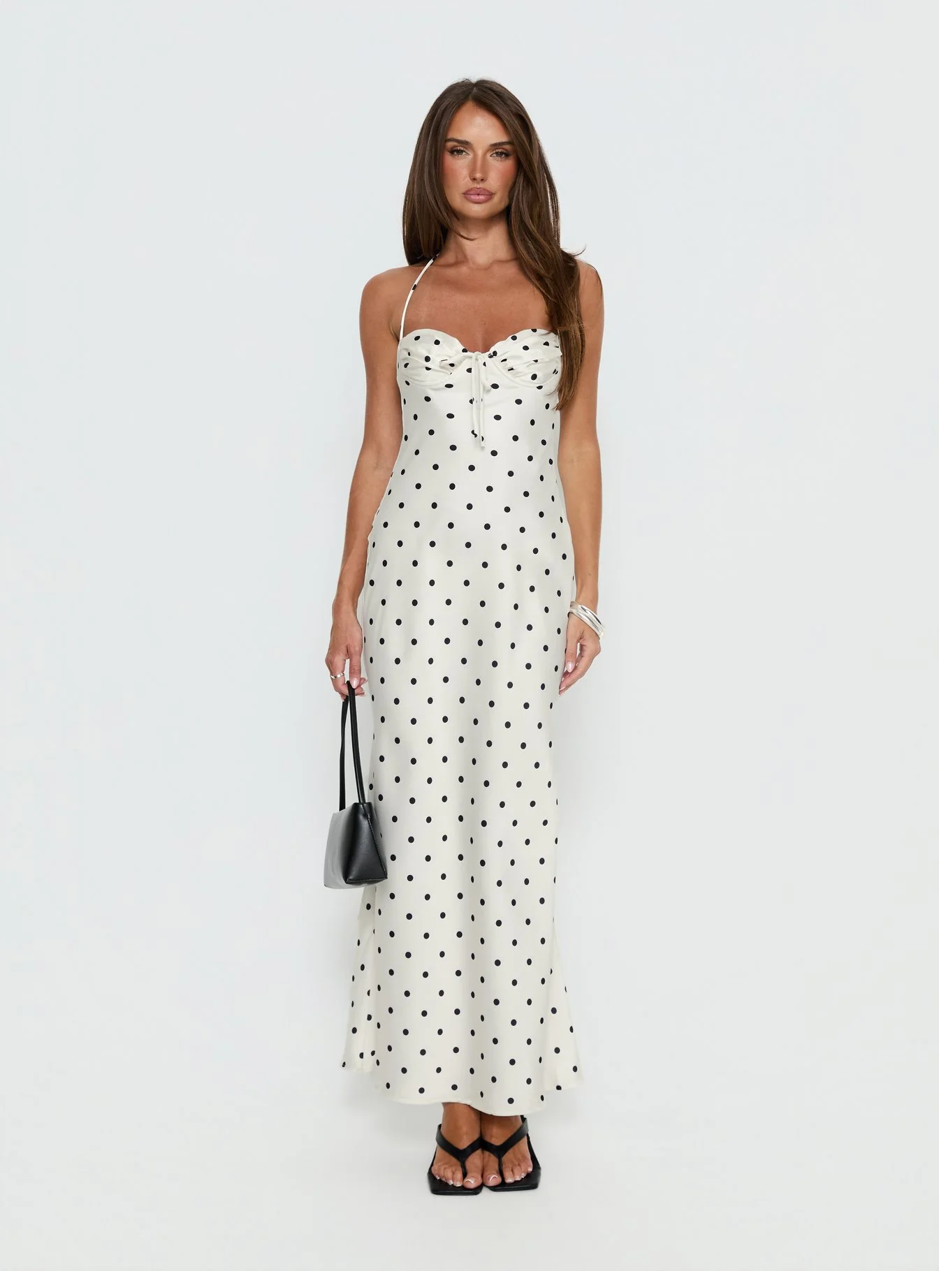 Costella Halter Satin Maxi Dress Cream Polka Dot