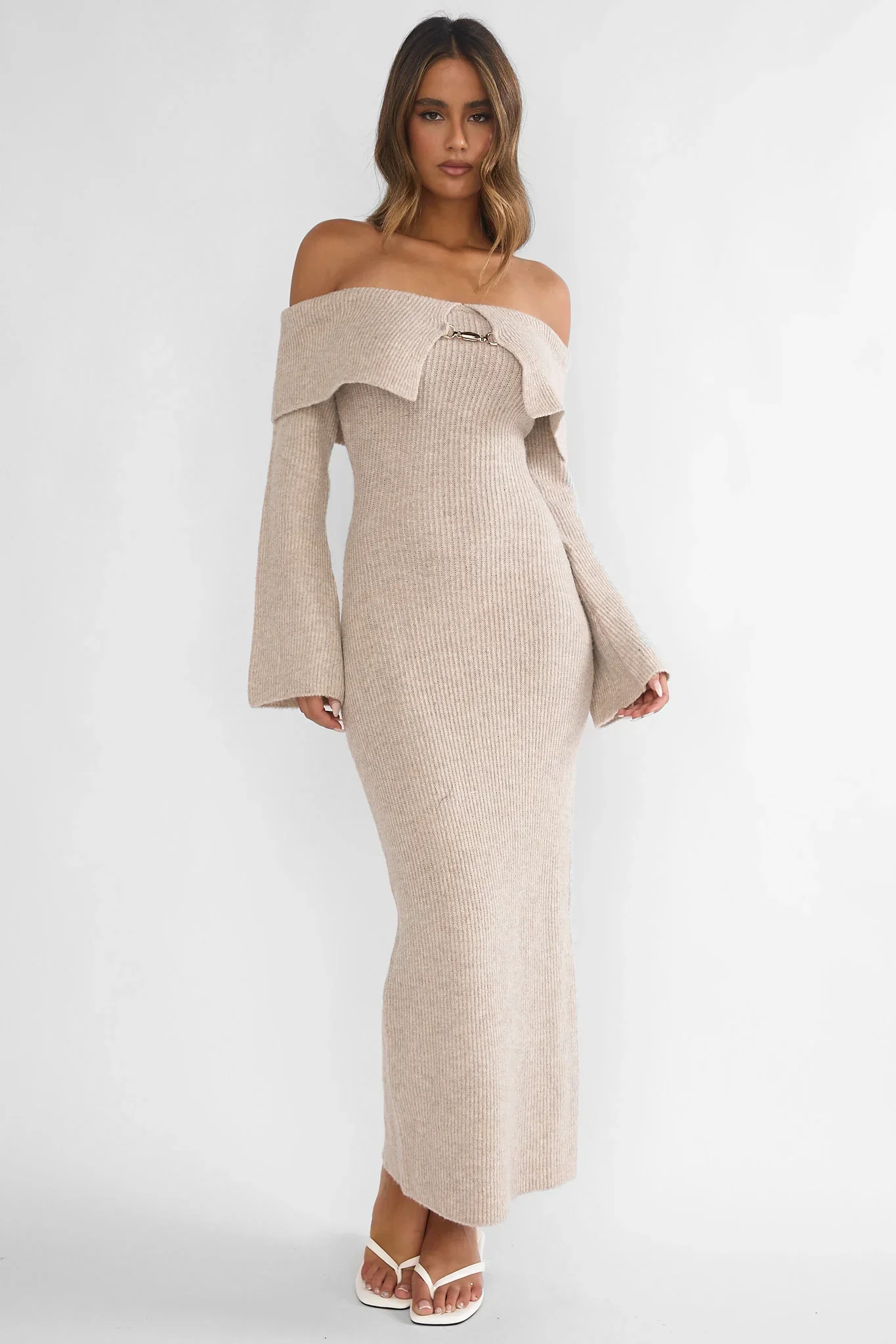 Arwyn Foldover Off-Shoulder Knit Maxi Dress Quinoa