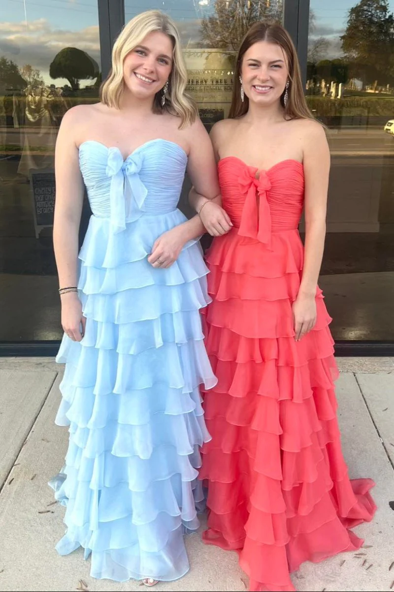 Cinizia | Chiffon Fuchsia Sweetheart Tiered Ruffles Prom Dress with Slit