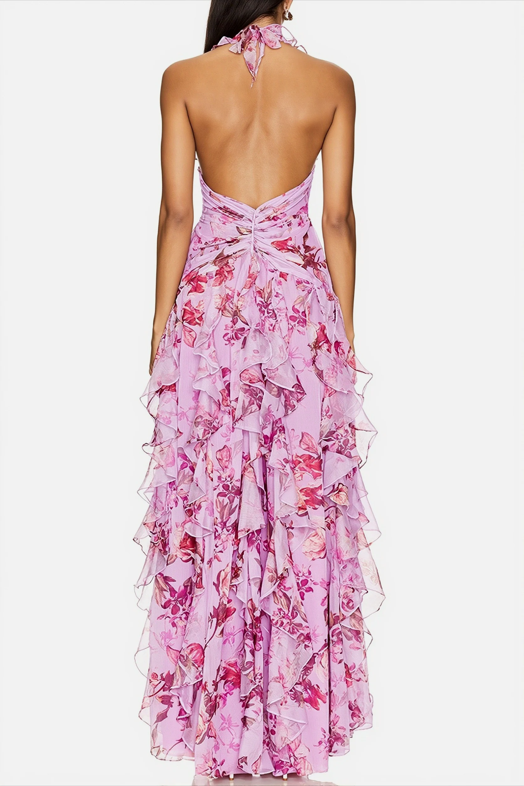 Chiffon Floral Halter Tie Tiered Maxi Dress
