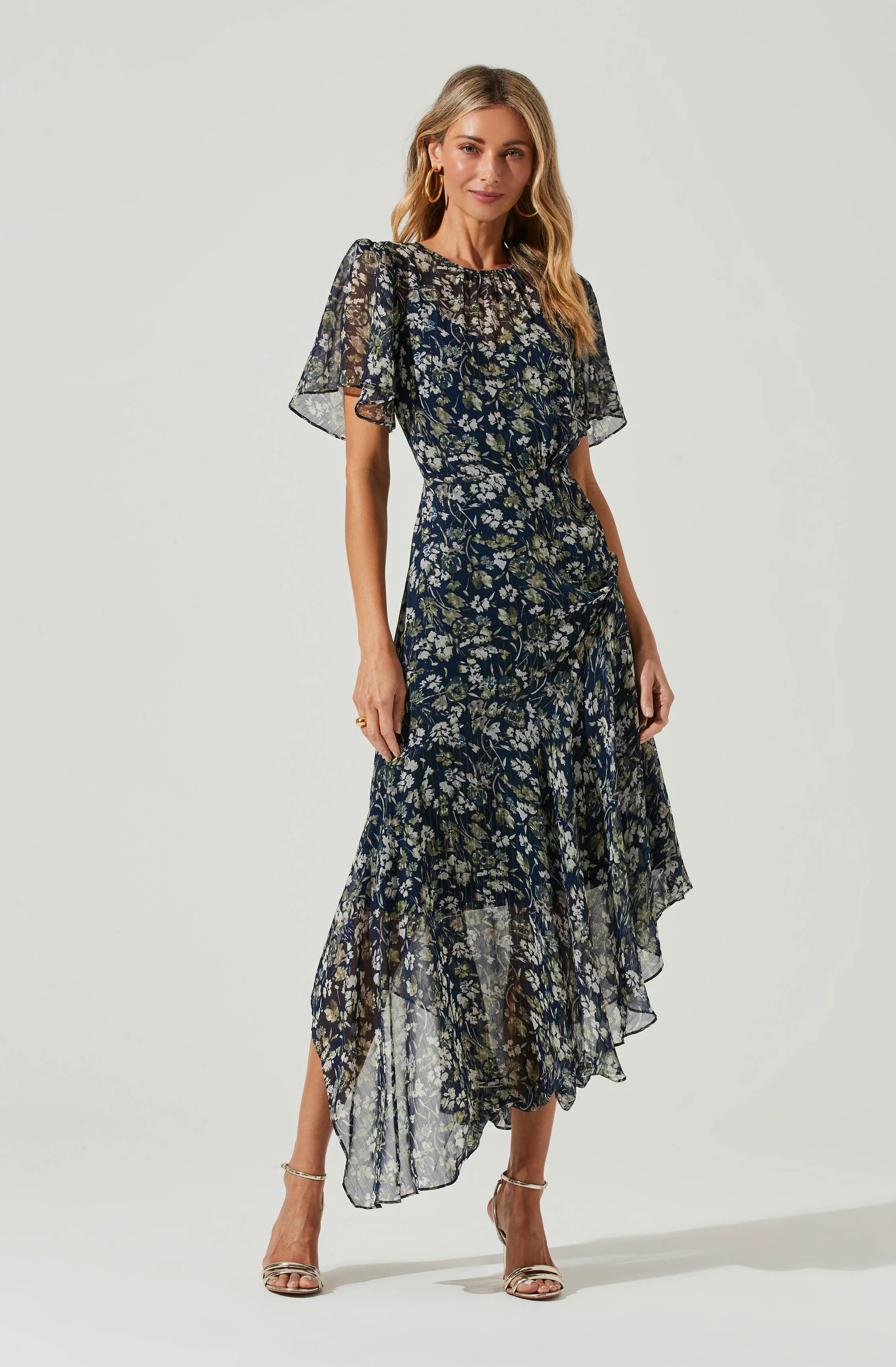 Flutter Sleeve Floral Asymmetric Maxi Dress