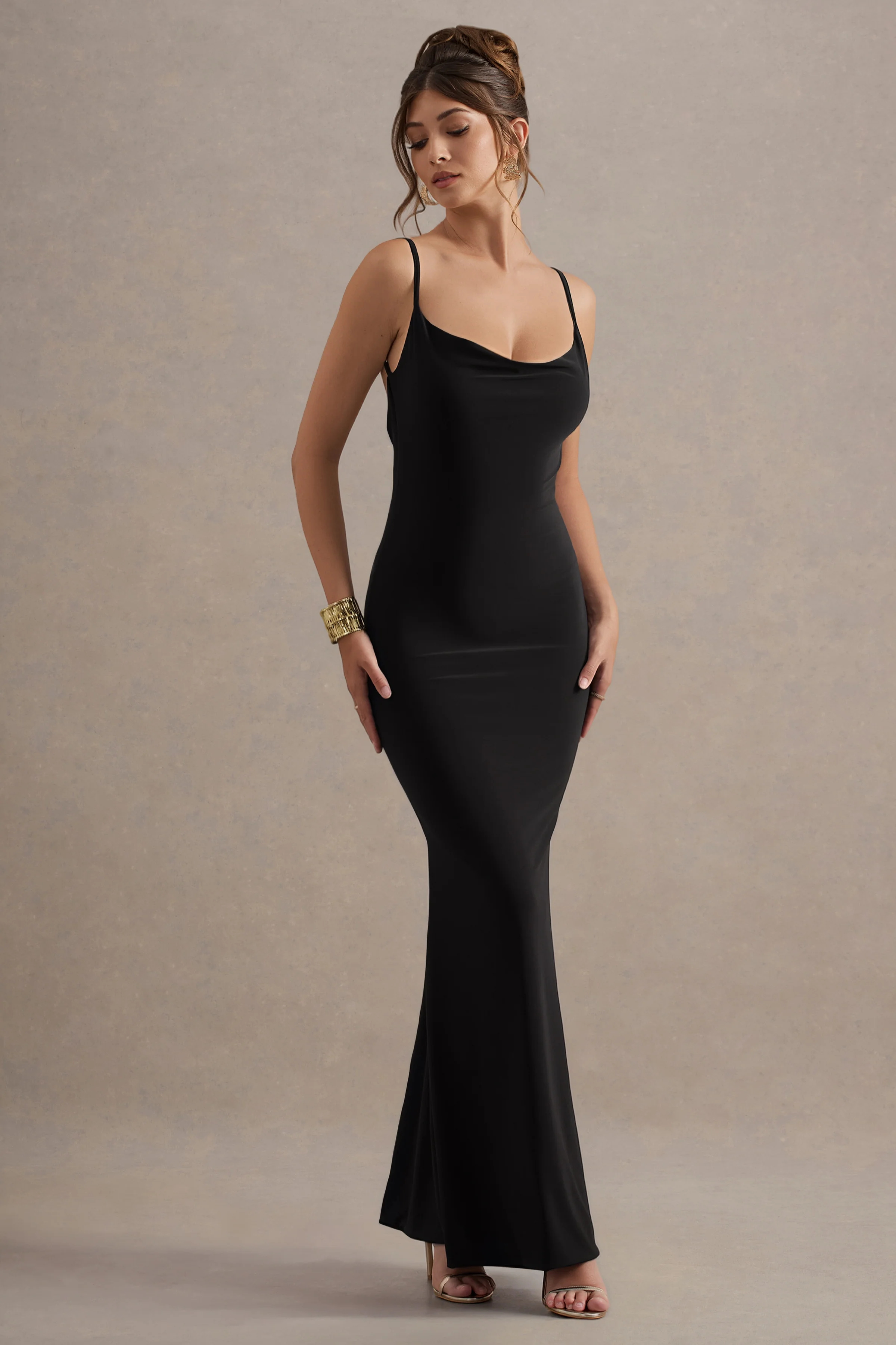 Francoise | Black Cowl Neck Backless Maxi Dress With Lace Insert