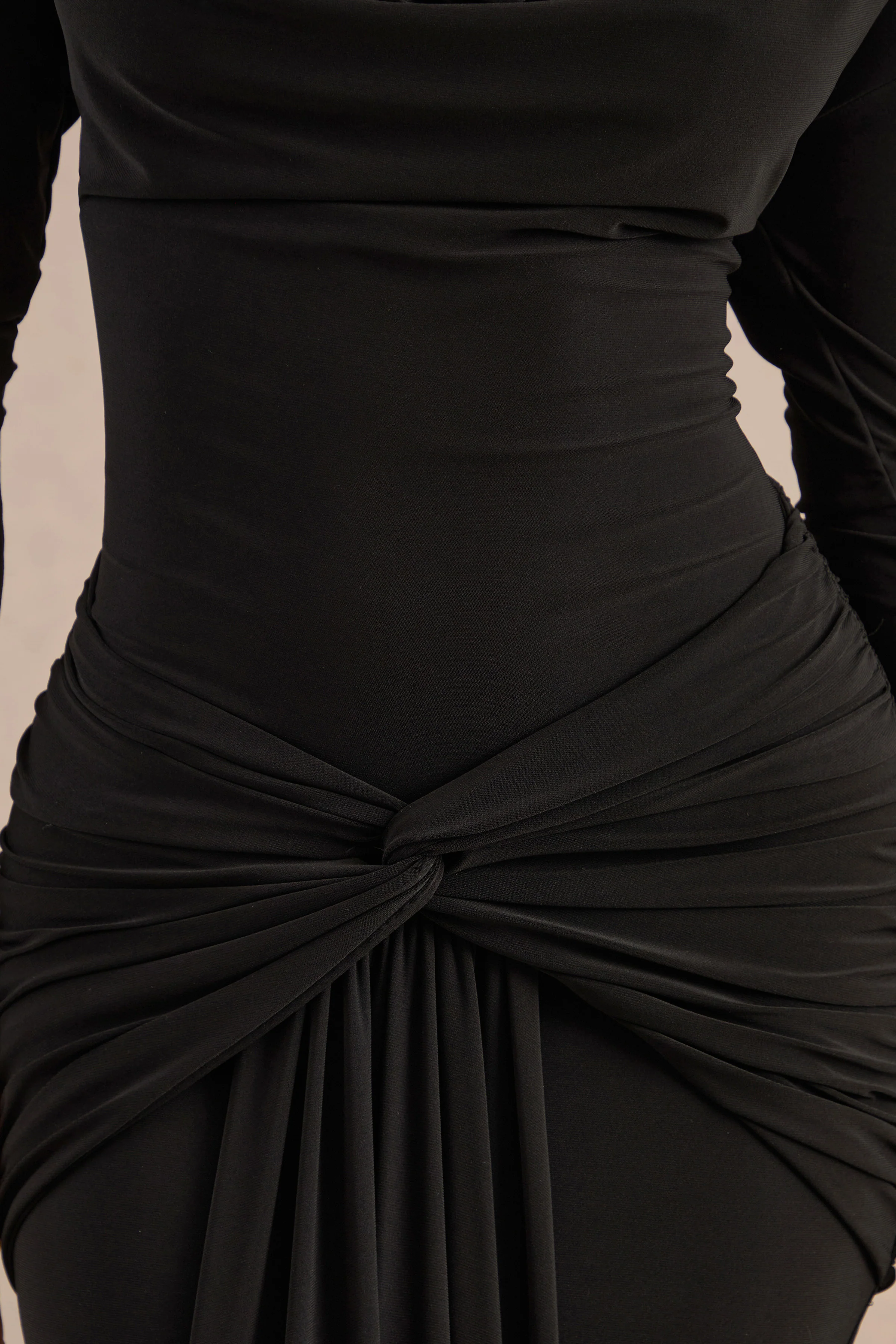 Palerma | Black Jersey Cowl Long Sleeve Maxi Dress With Gathered Detailing And Twist Panel Sash