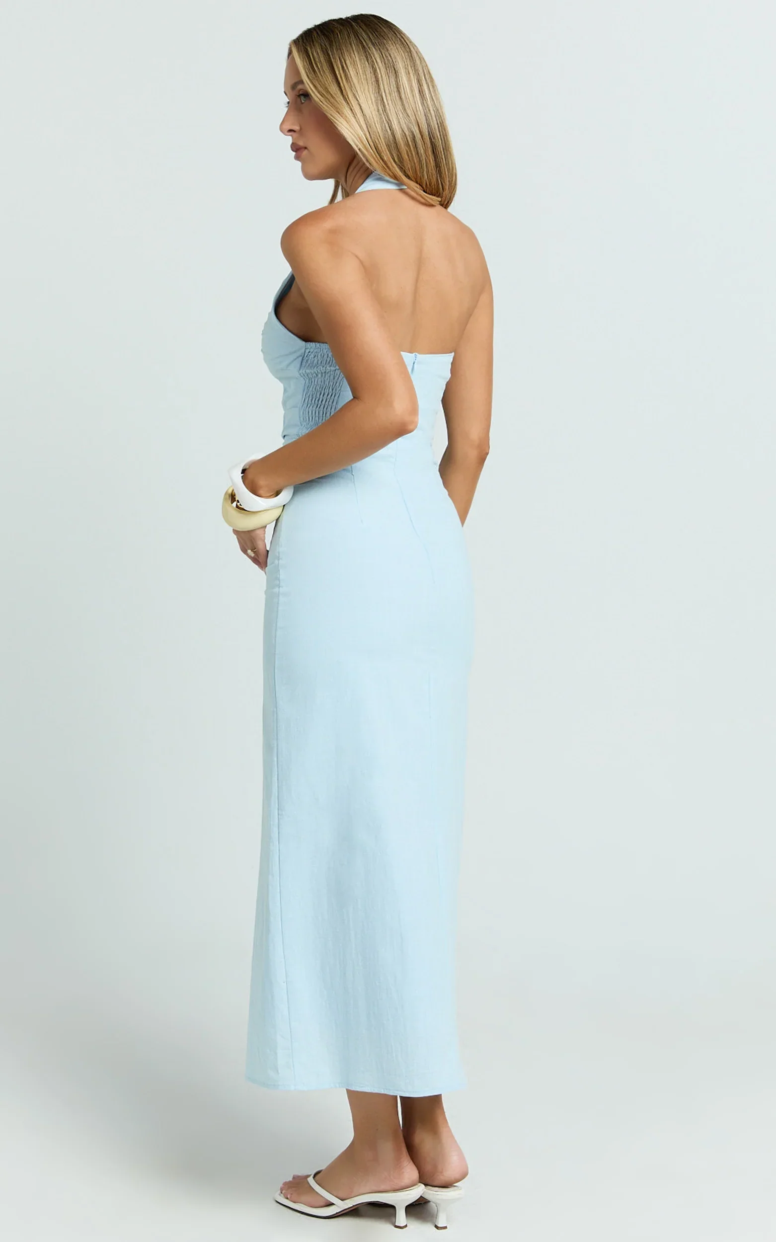 Murray Midi Dress - Deep U Halter Neck Dress in Pale Blue