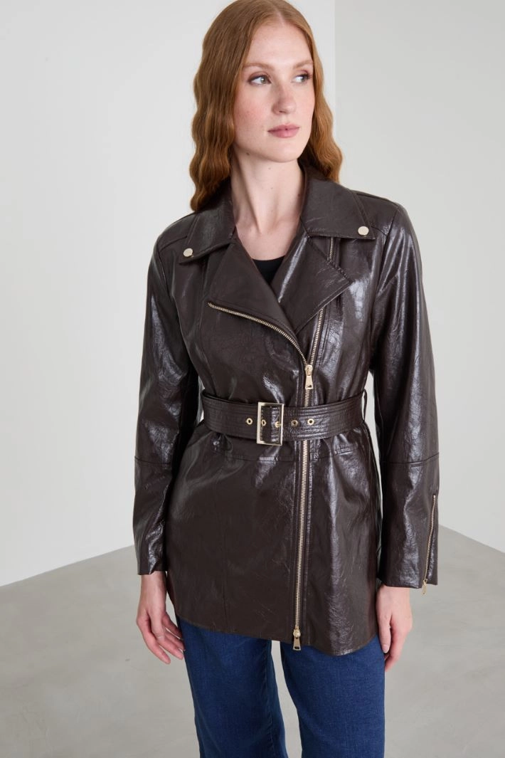 BIker jacket with belt - DARK BROWN