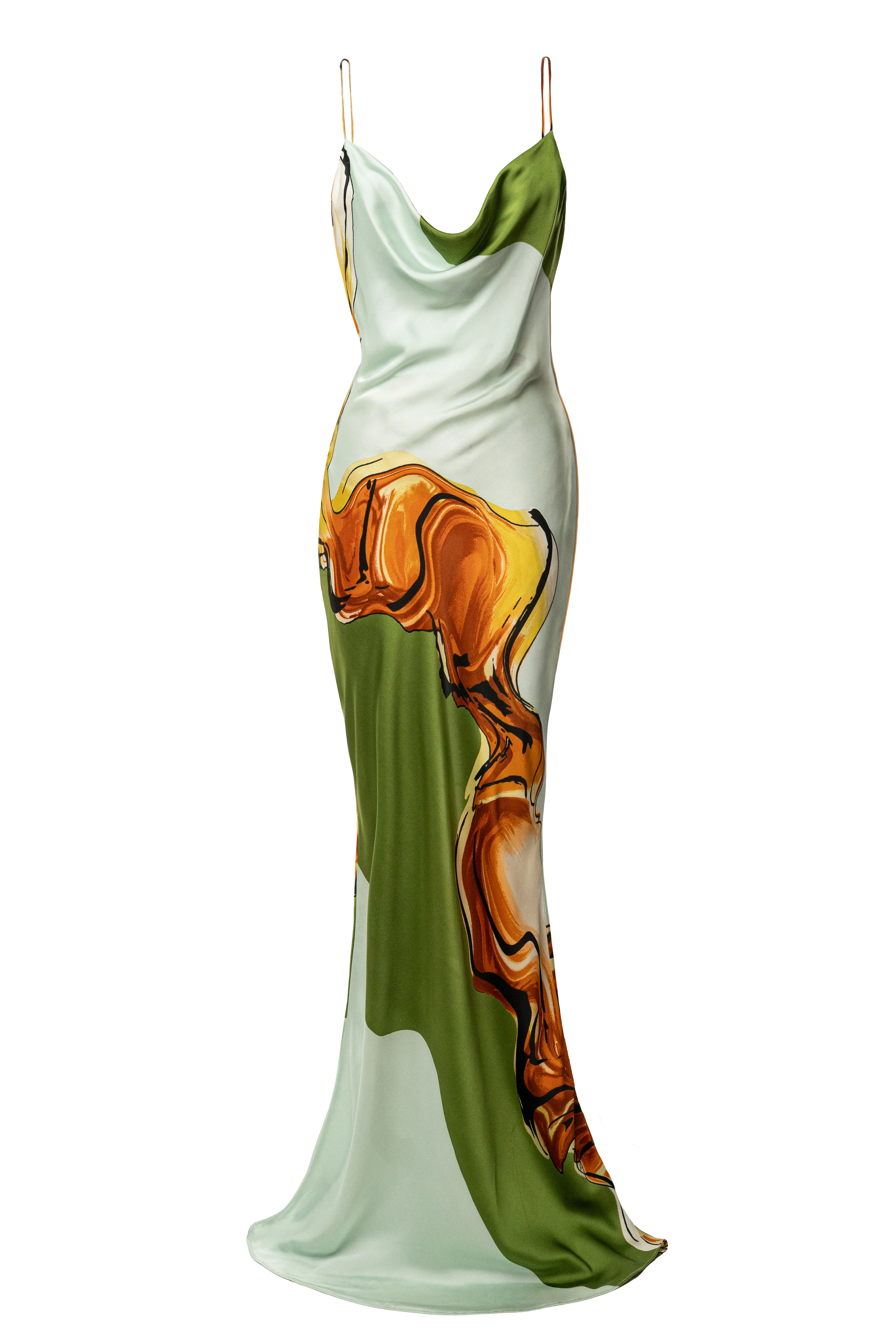 Green Tropical Print Golden Touch Satin Dress