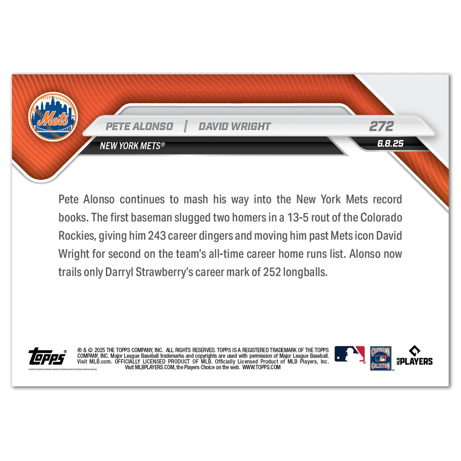 Pete Alonso / David Wright - 2025 MLB Topps NOW® - Card 272