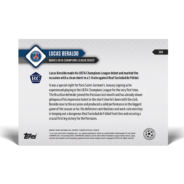 Topps UK - Lucas Beraldo - Makes UEFA Champions League debut - UCL TOPPS NOW® Card #94