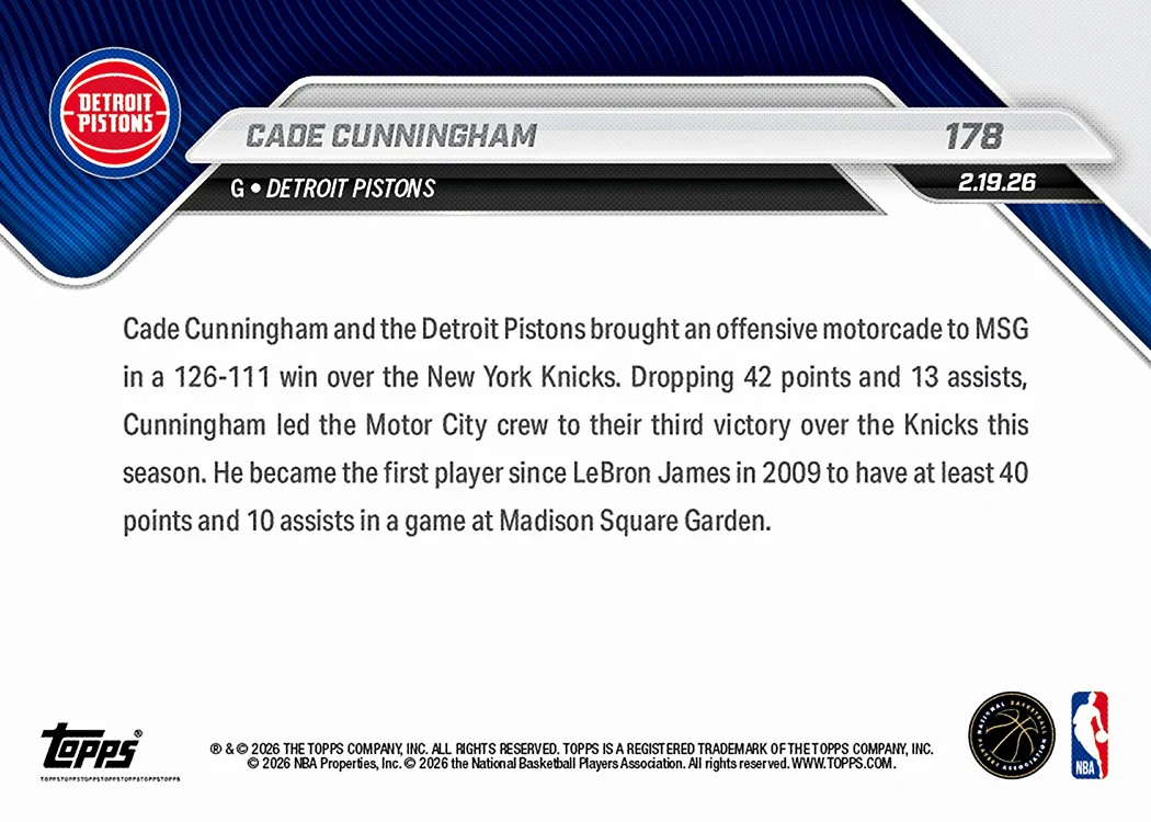 Cade Cunningham - 2025-26 NBA Topps NOW® - Card 178 - PR: 1150