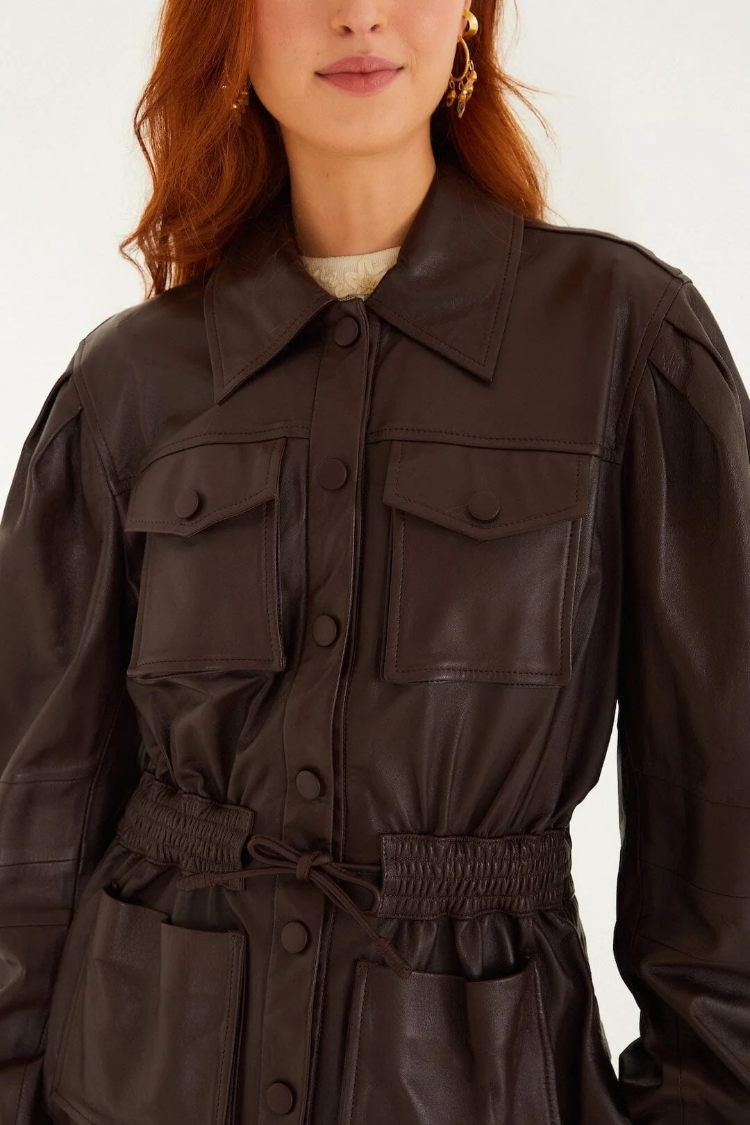 Burgundy Drawstring Pockets Leather Parka