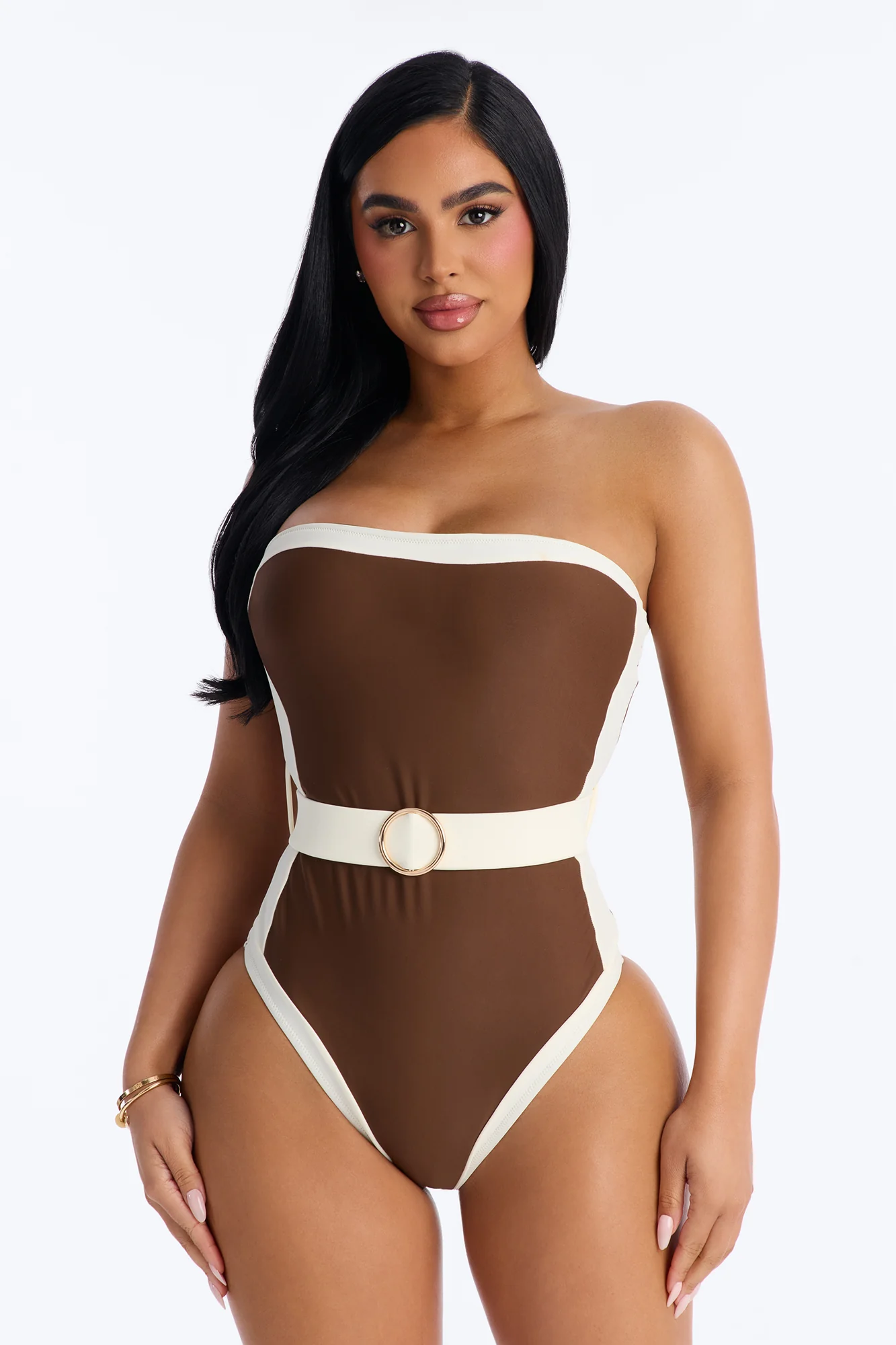 Sunny Days Colorblock Hardware Strapless 1 Piece Swimsuit - Brown/combo
