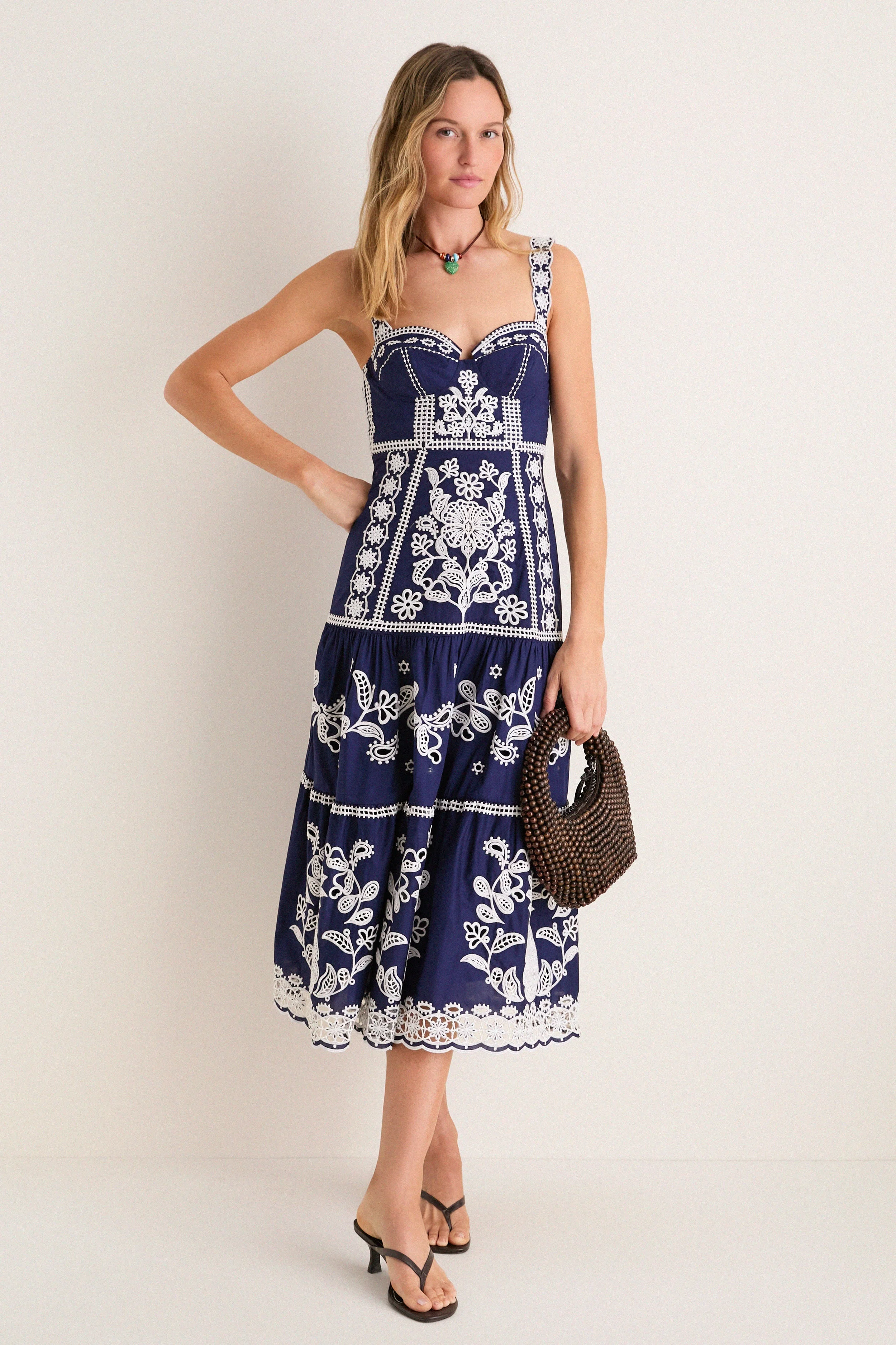 Blue and White Richilieu Midi Dress