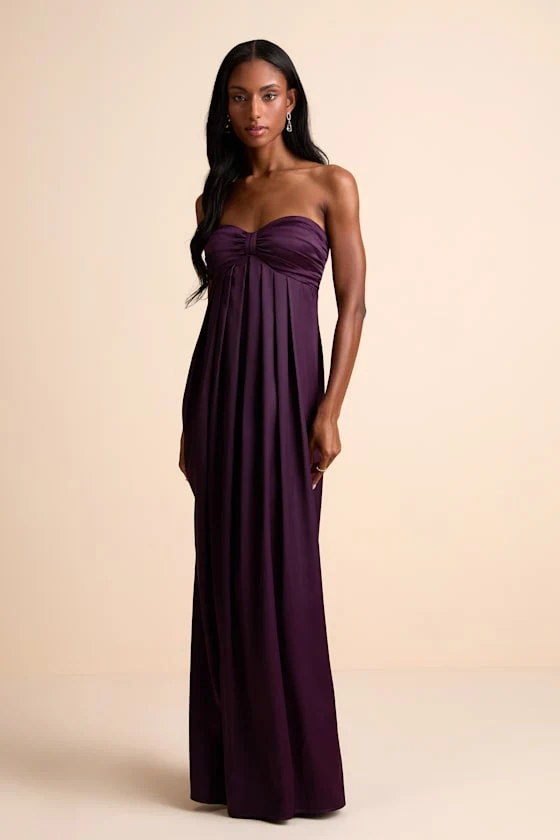 Memorable Entrance Dark Purple Strapless Satin Maxi Dress