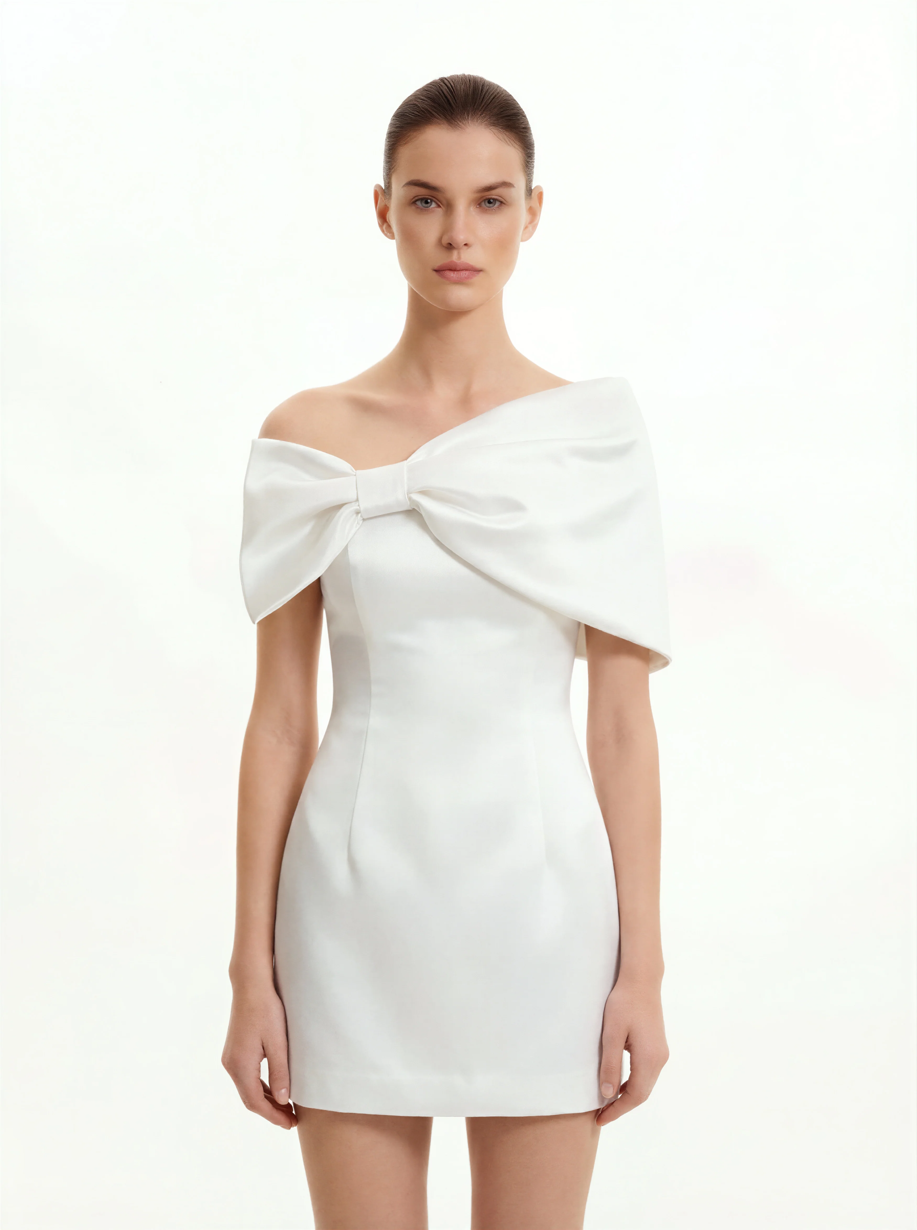 Satin Asymmetric Bow Mini Dress - White