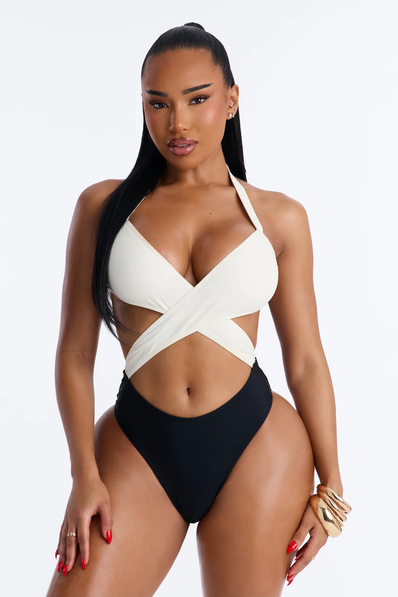 High Tide 1 Piece Wrap Halter Swimsuit - White/Black