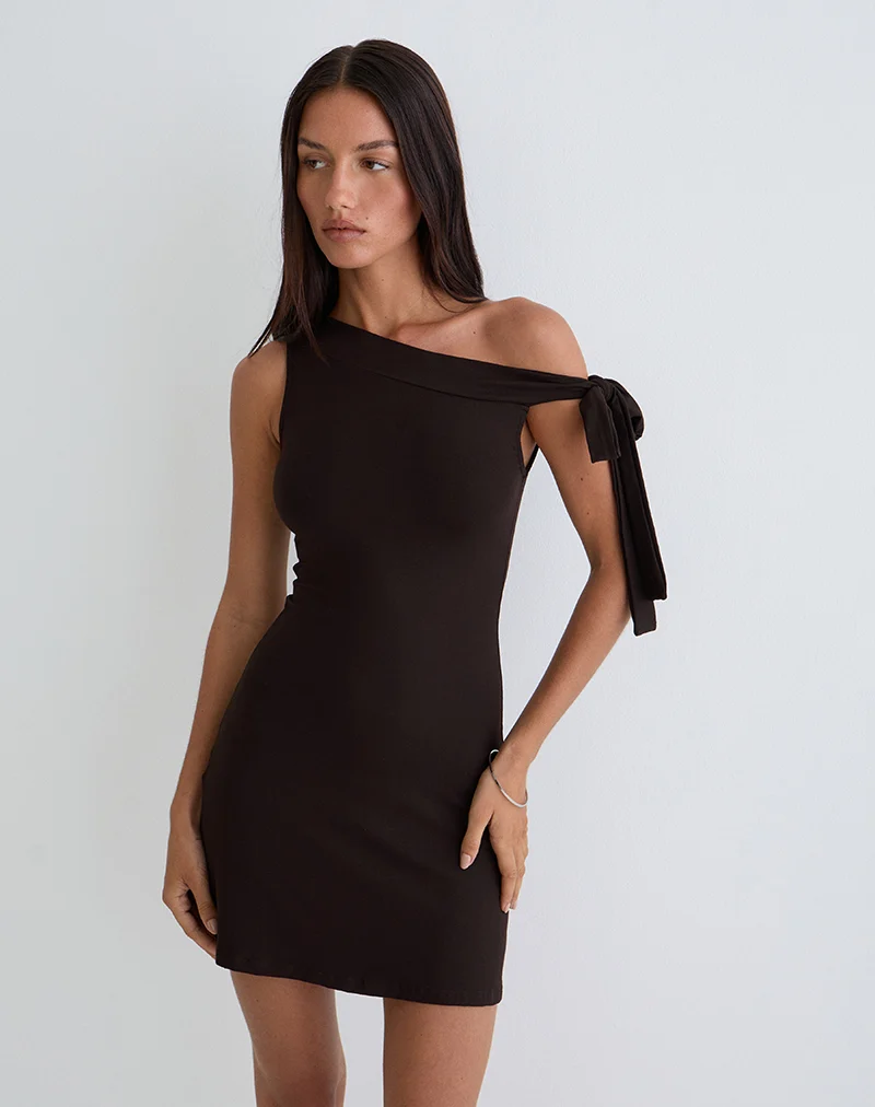 Xeenia One Shoulder Mini Dress in Chocolate Brown