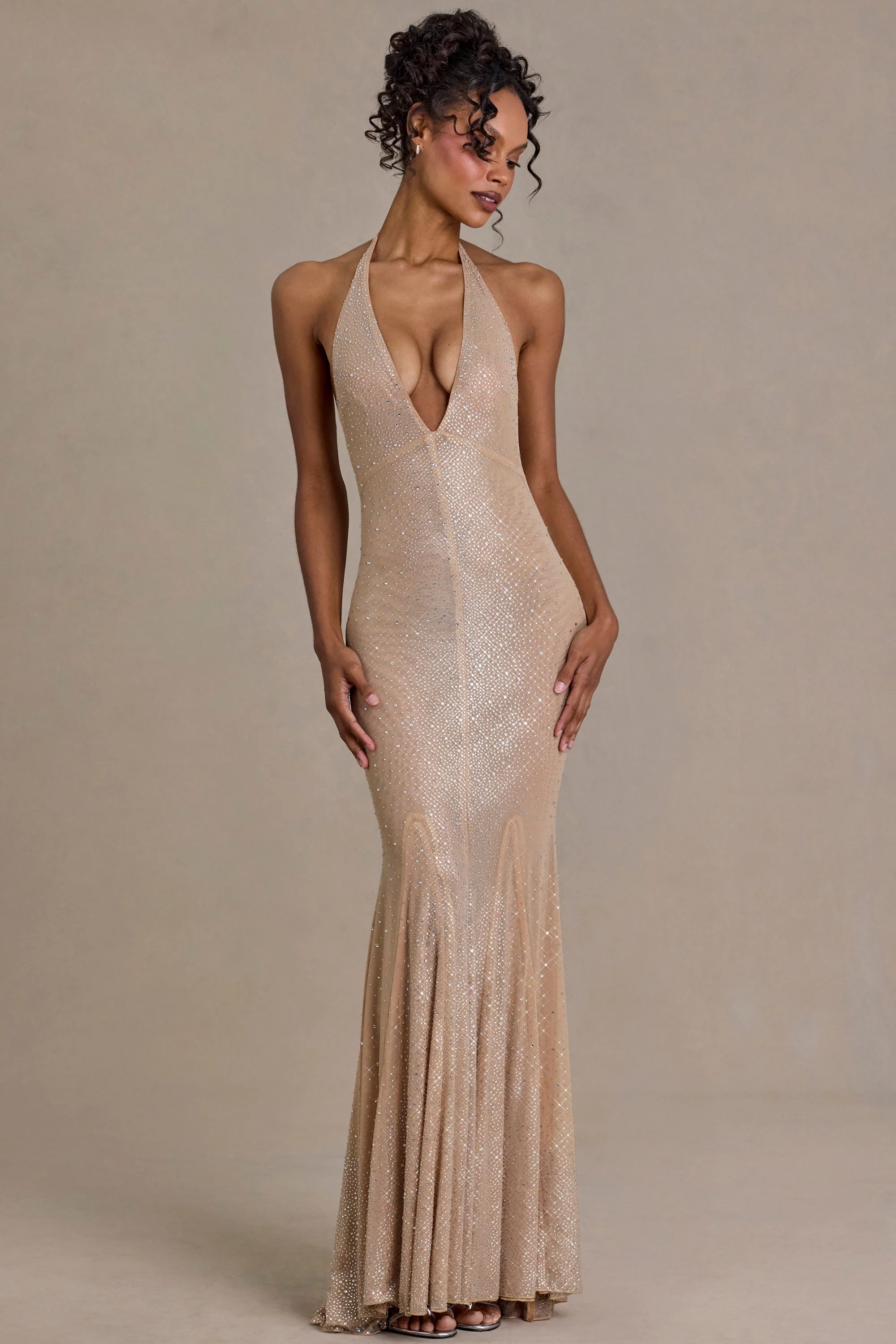 Embellished Plunge-Neck Open-Back Gown in Sand